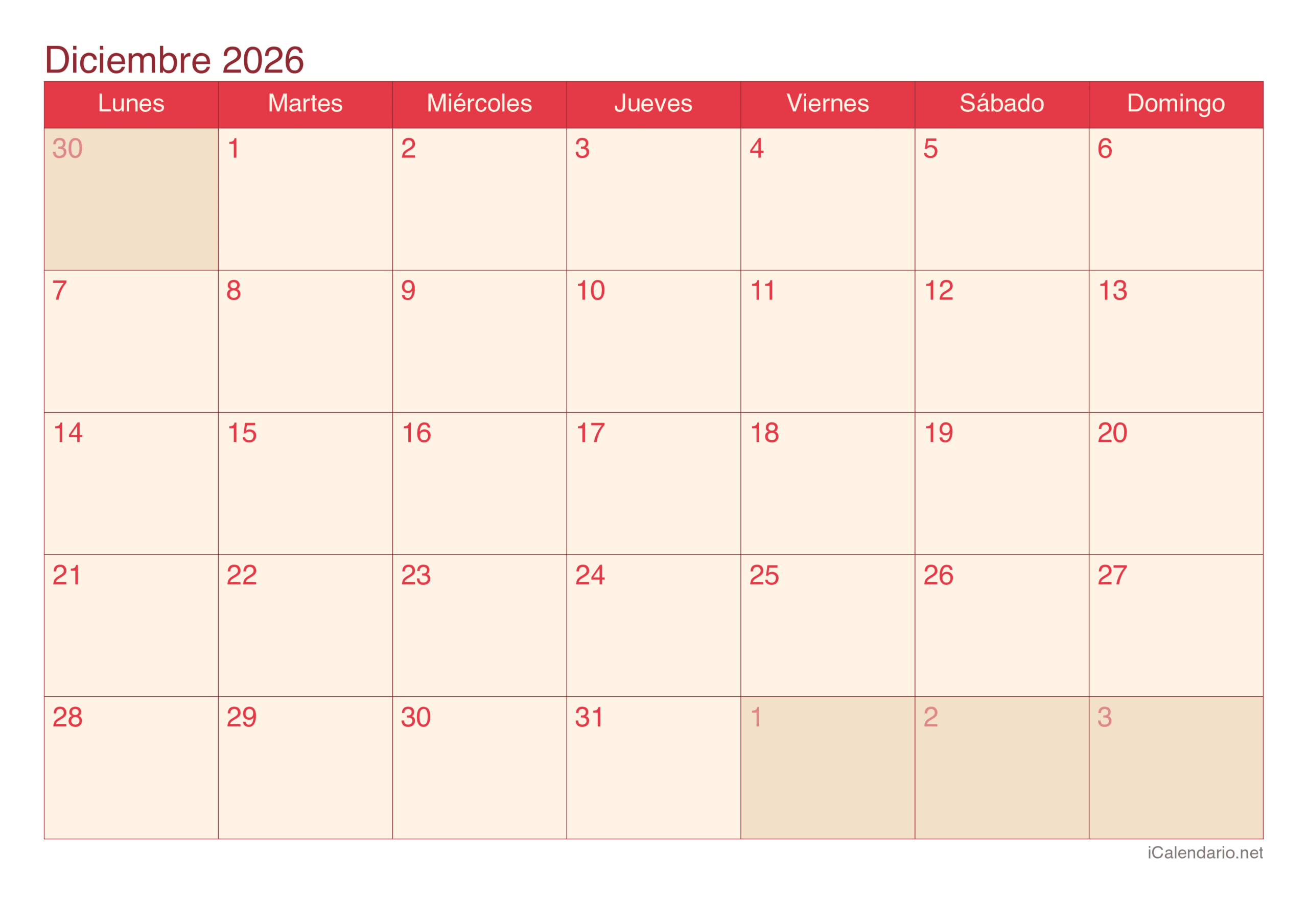 Calendario Diciembre De 2026 Para Imprimir | Calendario Diciembre 2026 para Imprimir