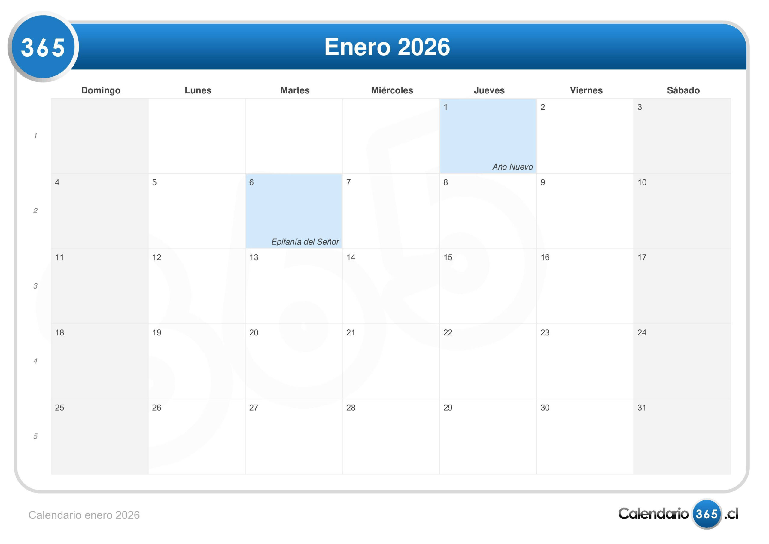 Calendario Enero 2026 | Calendario Enero 2026 Chile