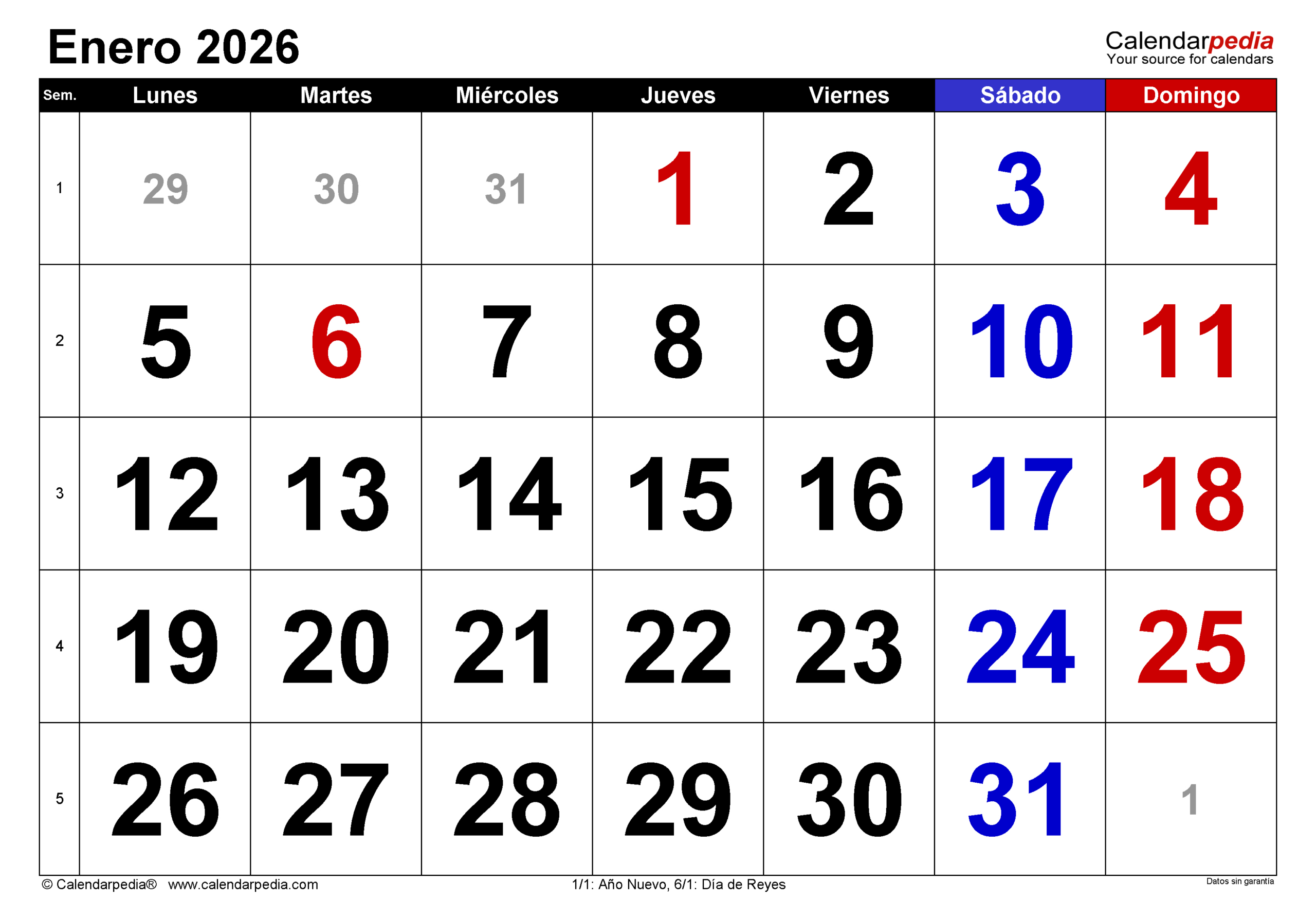 Calendario Enero 2026 En Pdf, Excel Y Word | Calendarpedia | Enero 2026 Calendario Para Imprimir
