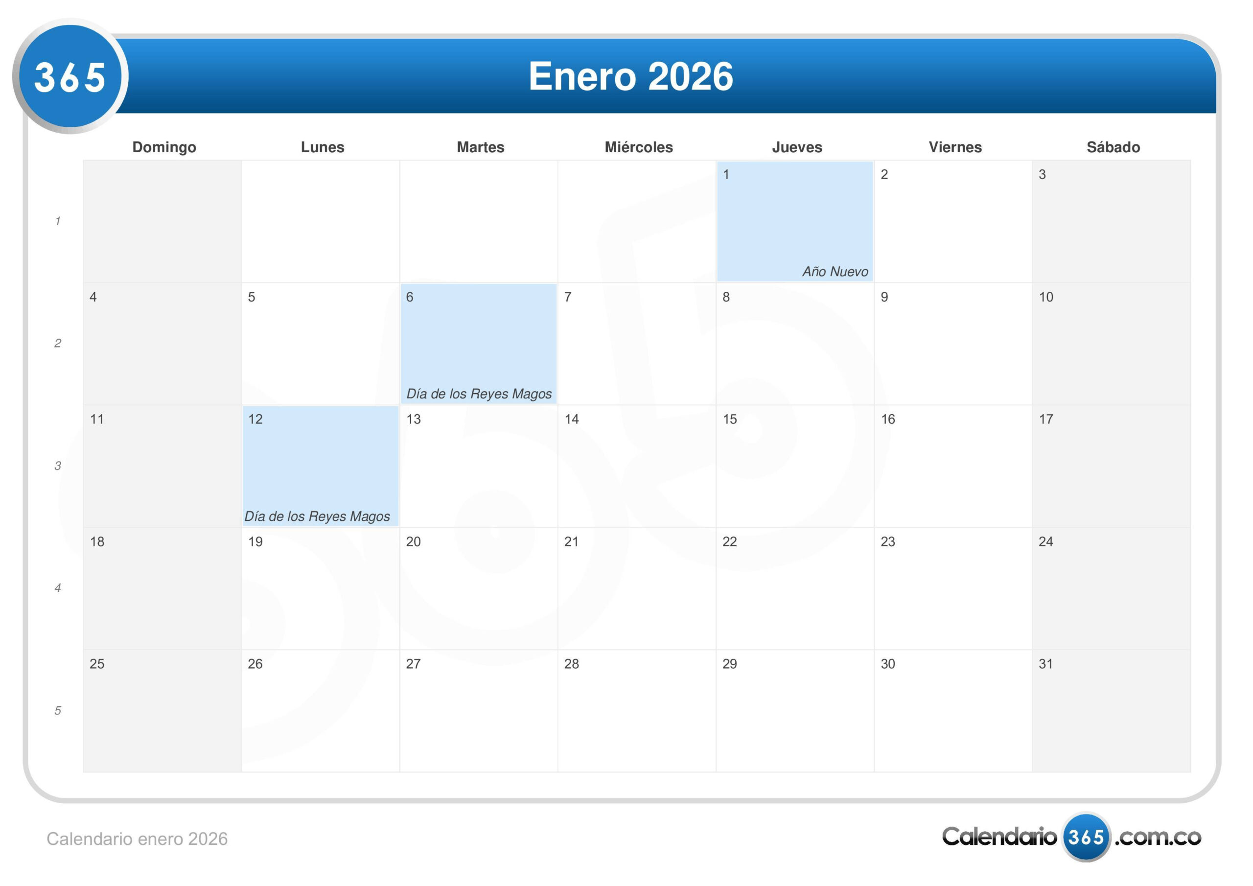 Calendario Enero 2026 | Enero 2026 Calendario Colombia