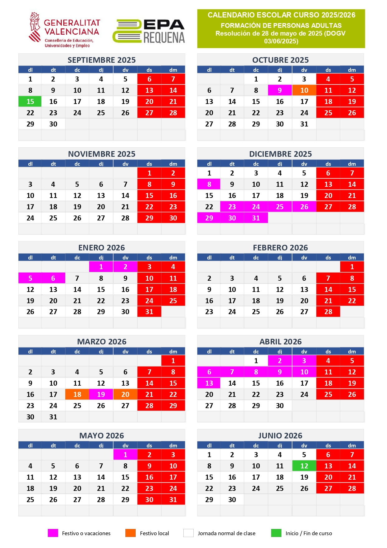 Calendario Escolar 2025-2026 – Cfpa Antigua Zorita | Calendario Escolar 2026 Valencia