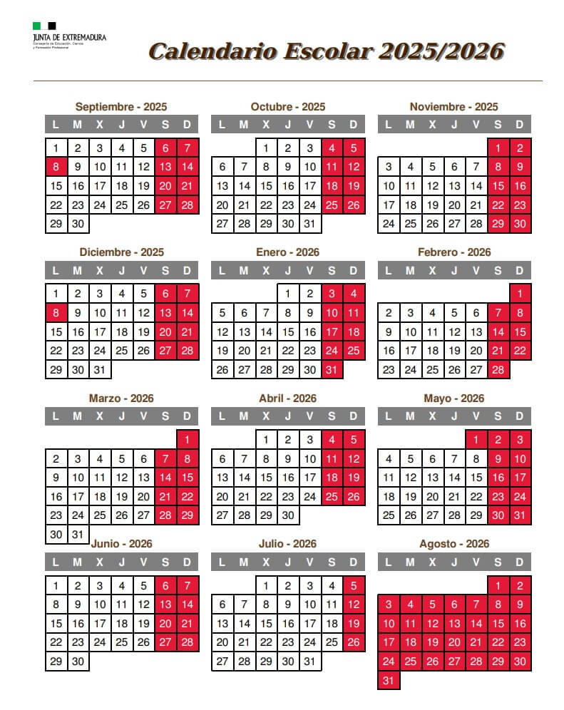 Calendario Escolar 2025/2026 En Extremadura 🗓️ 🏕️☀️ | Calendario Escolar 2026 Extremadura