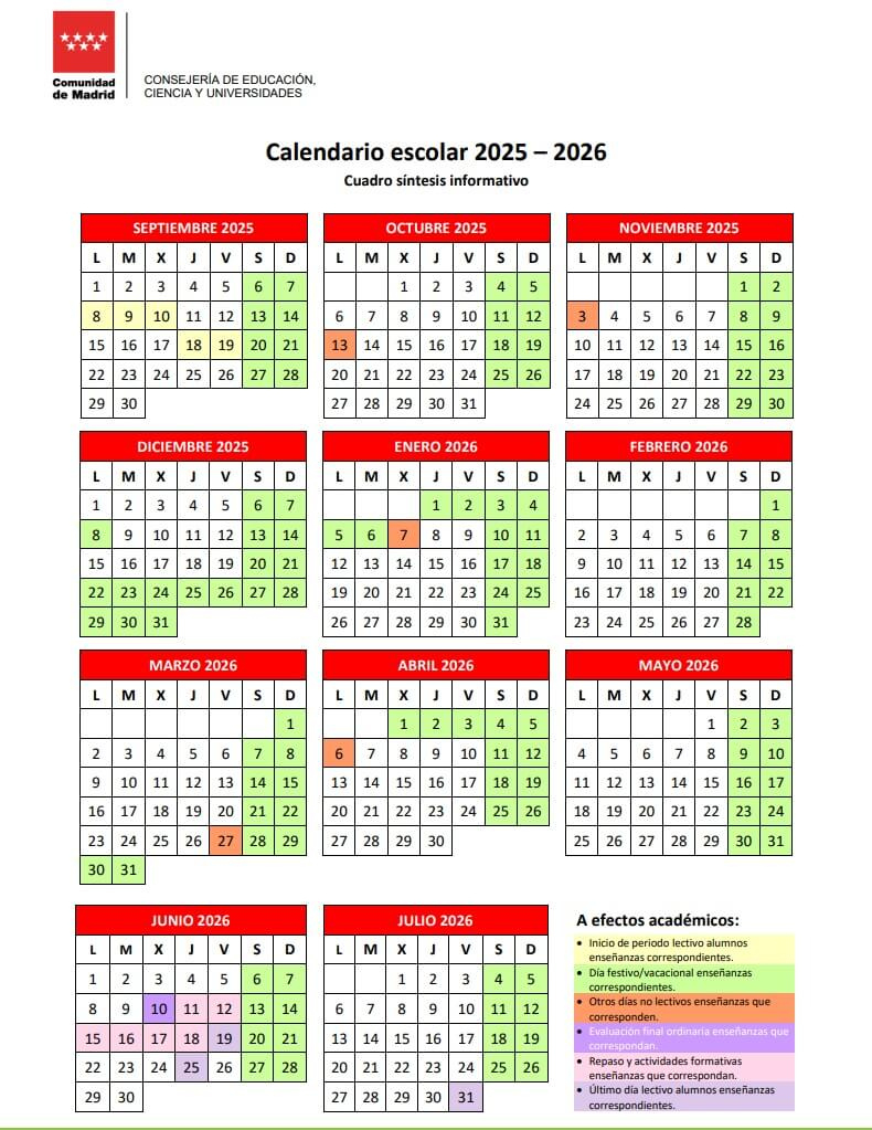 Calendario Escolar 2025/2026 En Madrid 🗓️ 🏕️☀️ | Calendario Escolar 2026 Comunidad De Madrid