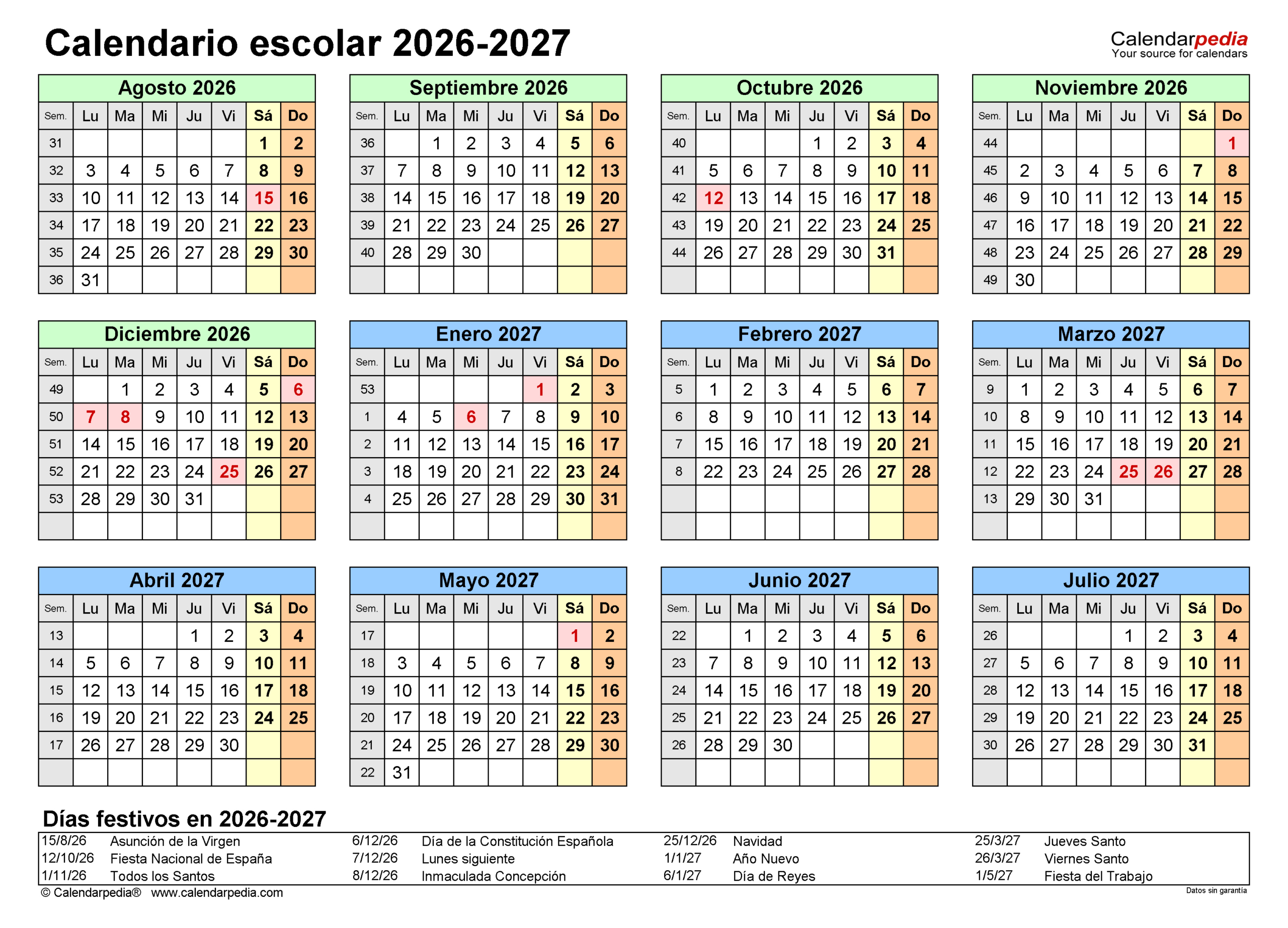 Calendario Escolar 2026-2027 En Pdf, Excel Y Word | Calendario Escolar 2026 2027