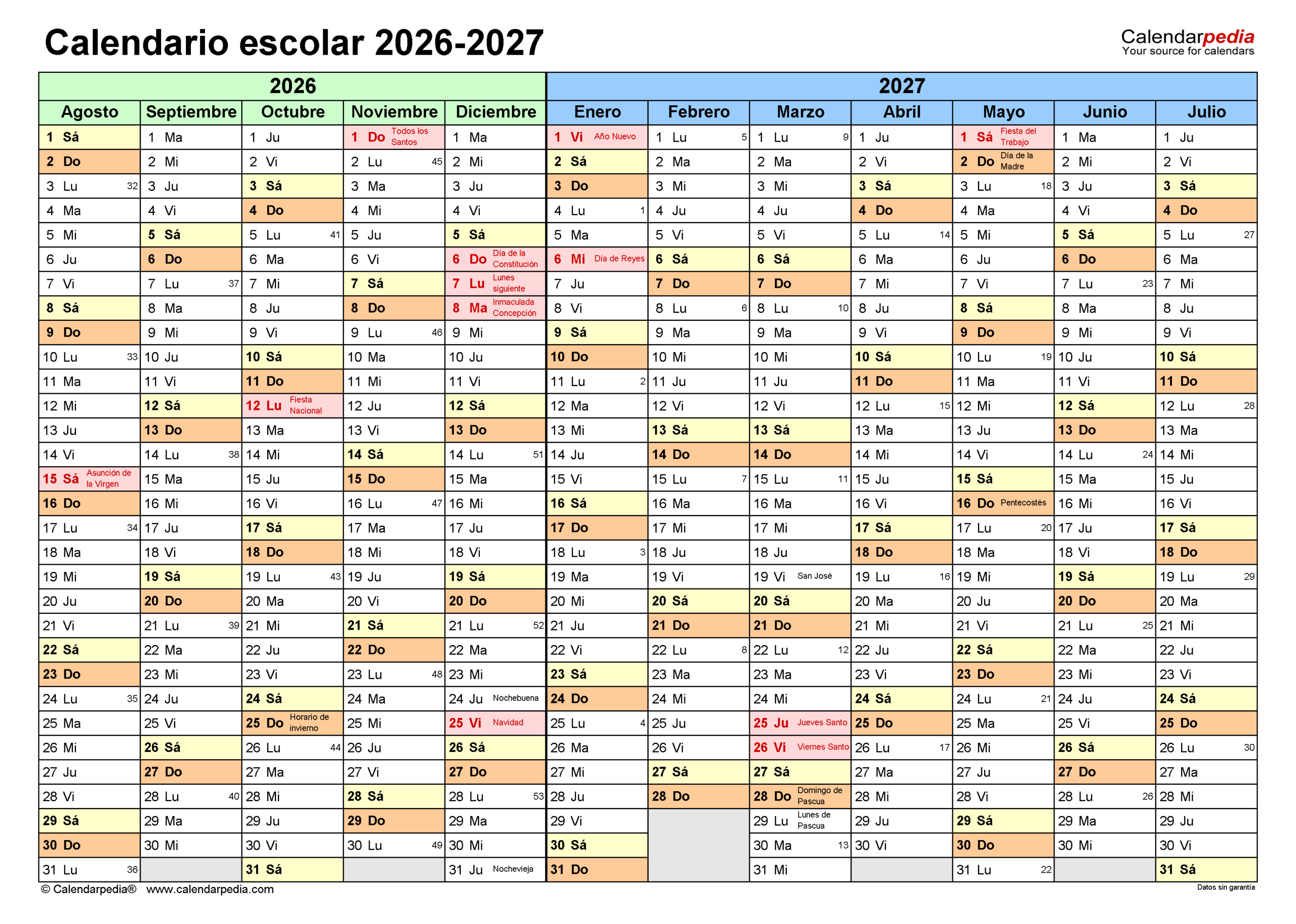 Calendario Escolar 2026-2027 En Pdf, Excel Y Word | Calendario Escolar 2026-27