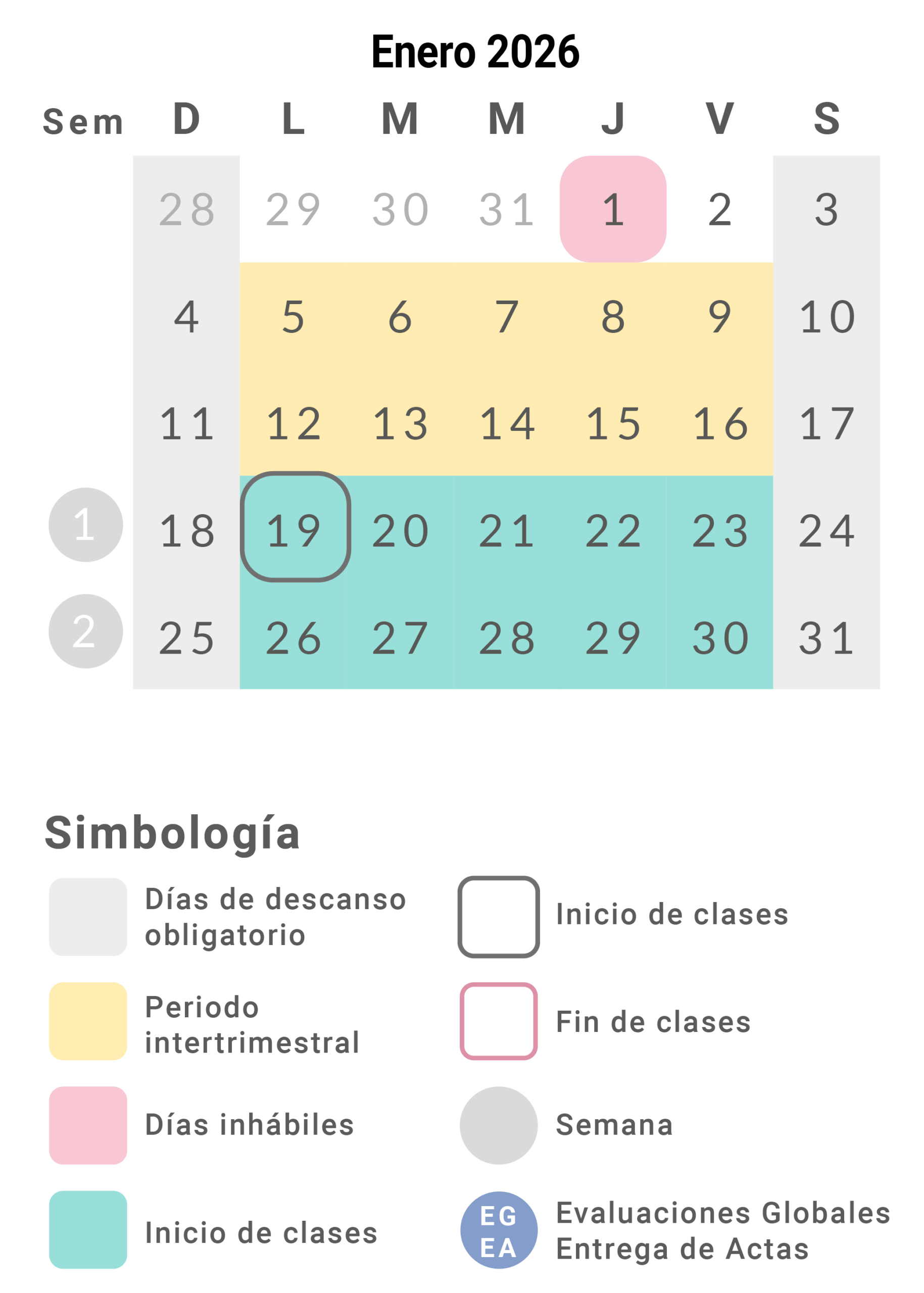 Calendario Escolar | Enero 2026 Calendario Escolar