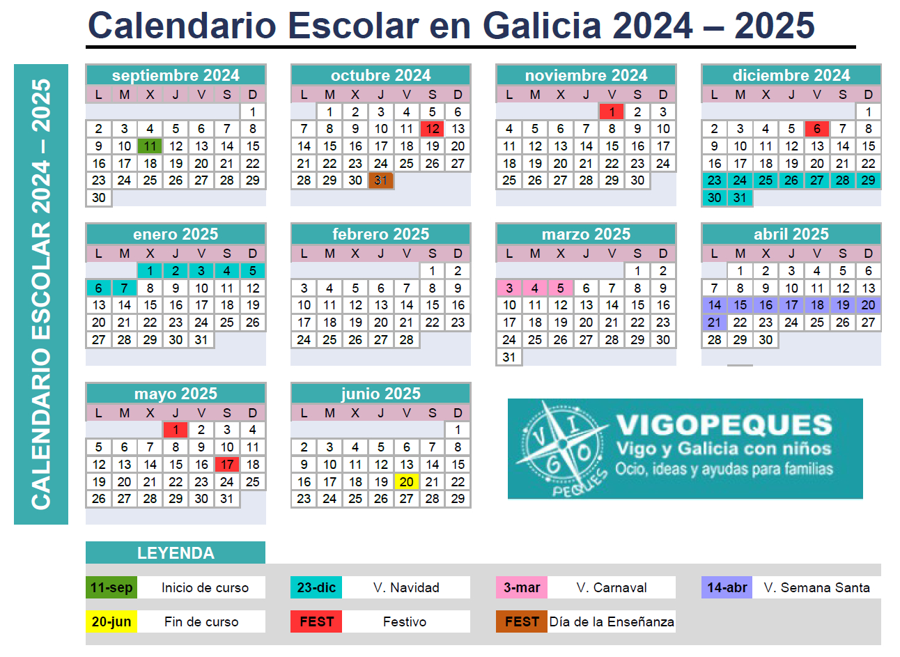 Calendario Escolar Galicia 2024-2025 - Vigopeques | Calendario Escolar 2026 Galicia