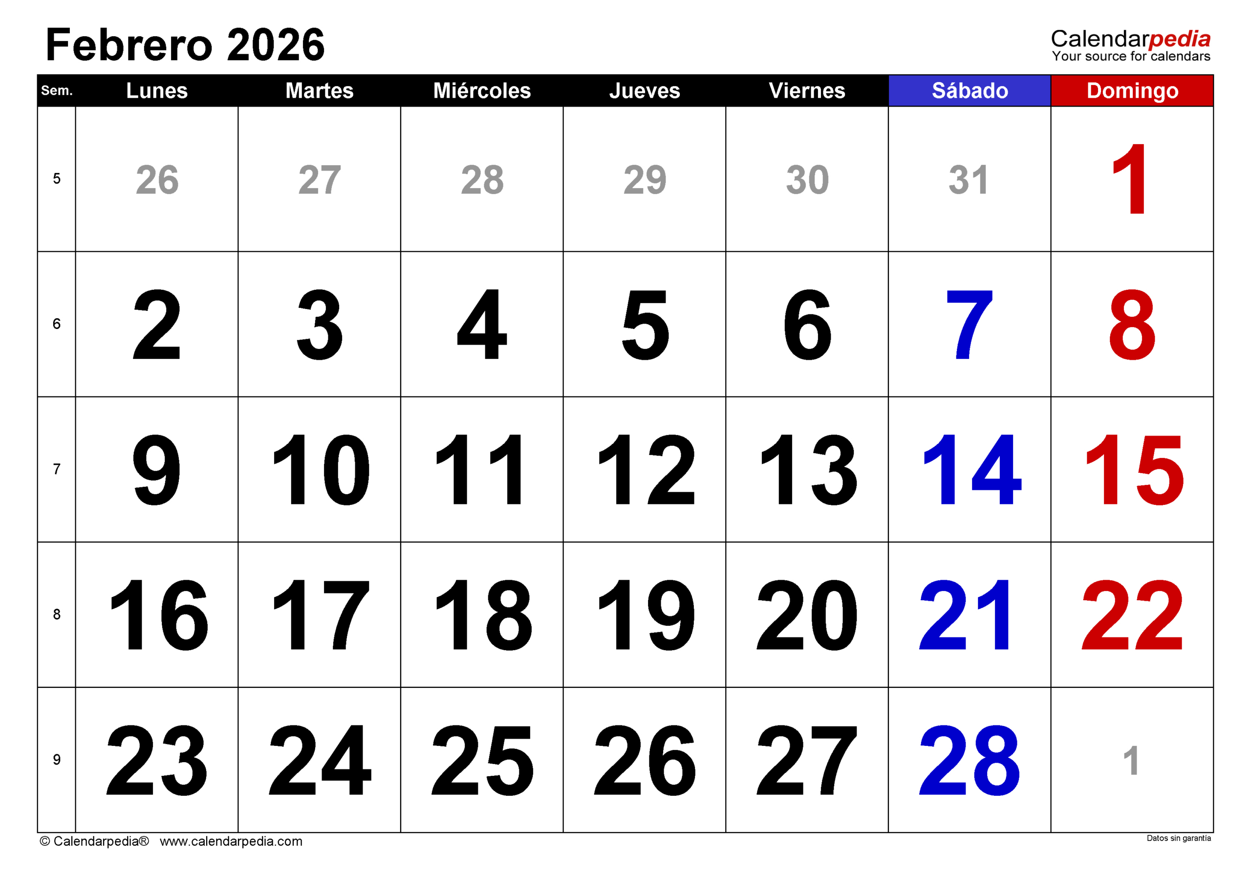 Calendario Febrero 2026 En Pdf, Excel Y Word | Calendarpedia | Calendario Febrero 2026 para Imprimir