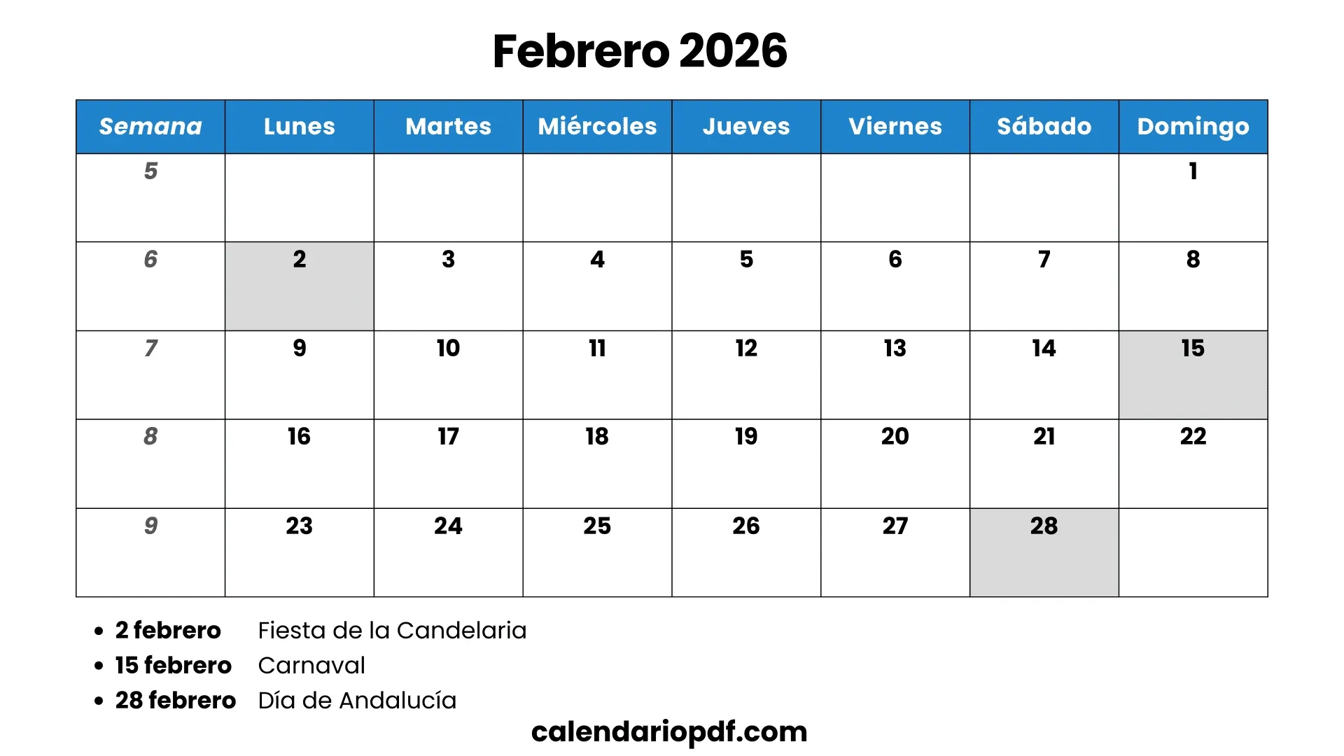 Calendario Febrero 2026 Para Imprimir Pdf Y Excel | Calendario De Febrero 2026