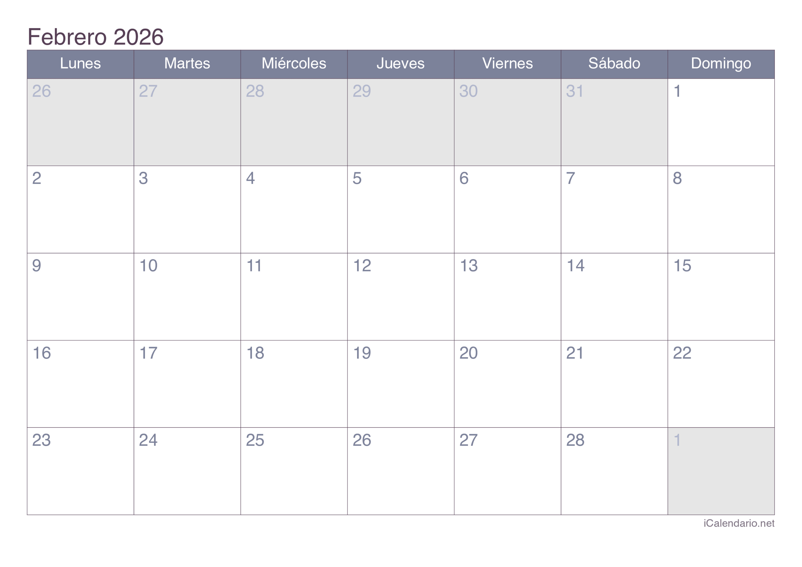 Calendario Febrero De 2026 Para Imprimir | Calendario Febrero 2026 Para Imprimir