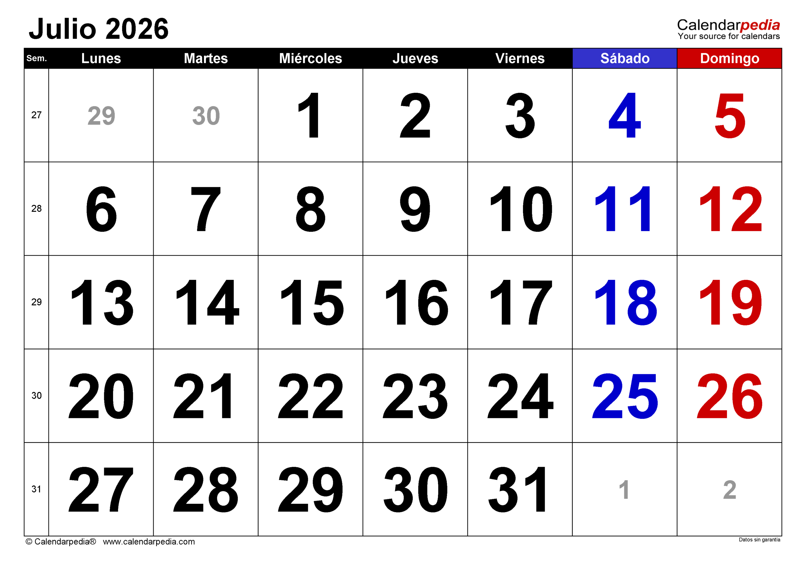 Calendario Julio 2026 En Pdf, Excel Y Word | Calendarpedia | Calendario Julio 2026 para Imprimir