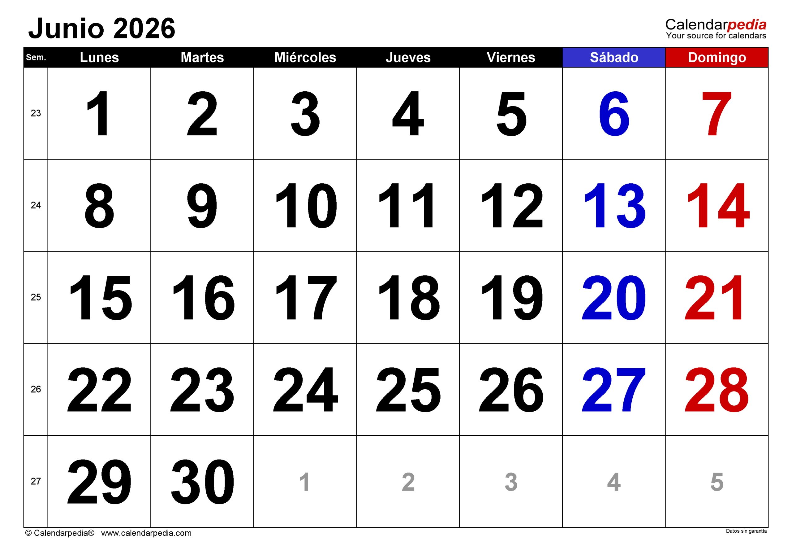 Calendario Junio 2026 En Pdf, Excel Y Word | Calendarpedia | Calendario Junio 2026 para Imprimir