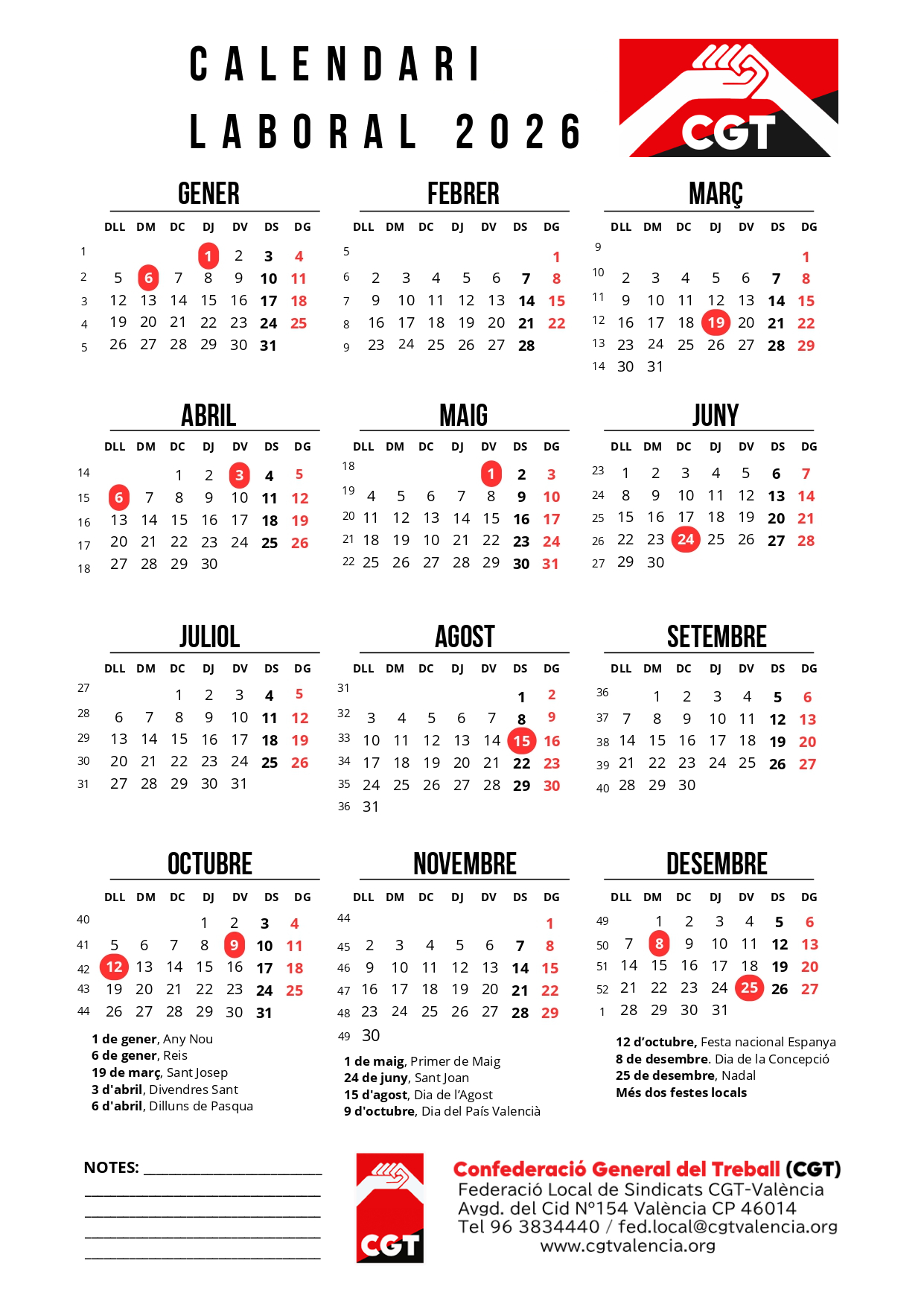 Calendario Laboral 2026 | Cgt València | Calendario Laboral 2026 Valencia