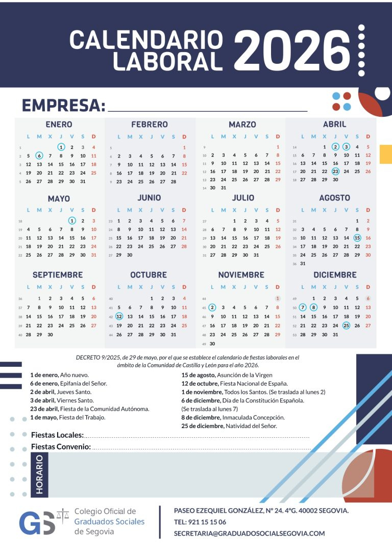 Calendario Laboral 2026 - Colegio De Graduados Sociales | Calendario Laboral 2026 Segovia