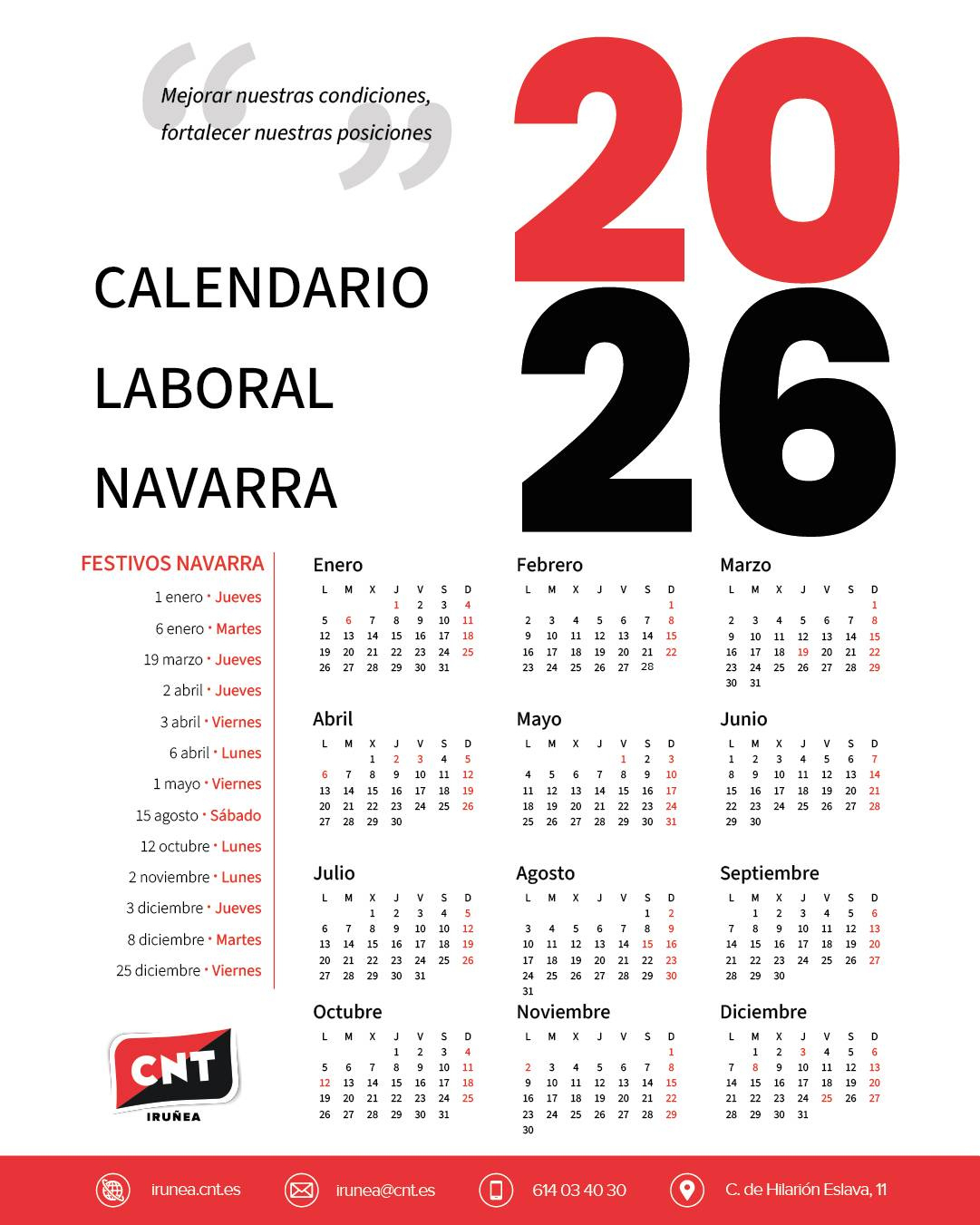 Calendario Laboral 2026 De Navarra – Cnt Iruñea | Calendario Laboral 2026 Navarra
