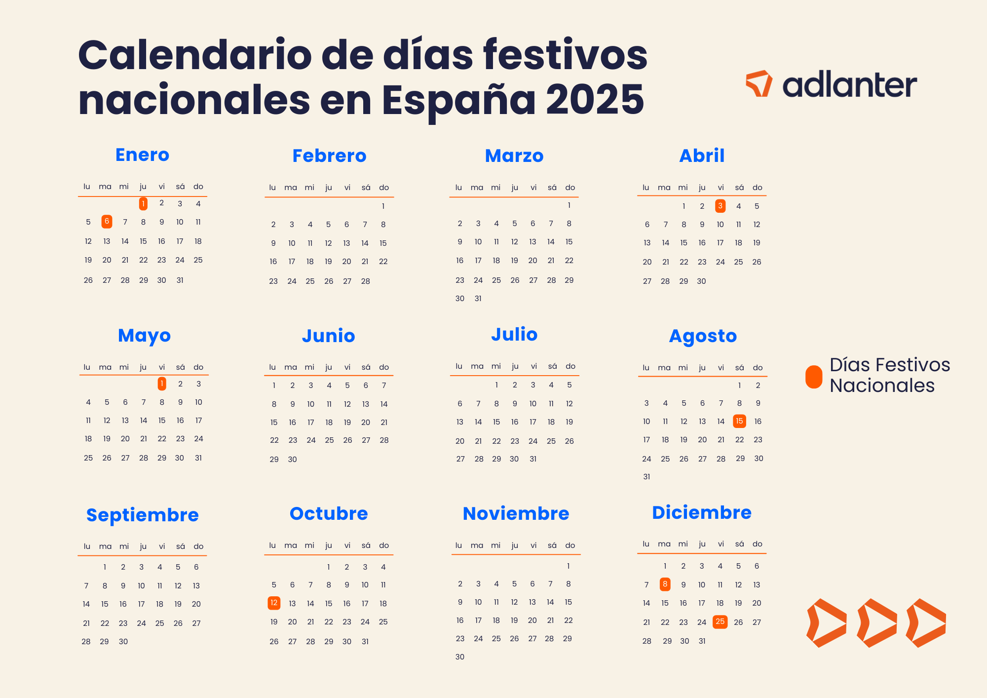 Calendario Laboral 2026 En España - Adlanter | Calendario 2026 Festivos Nacionales