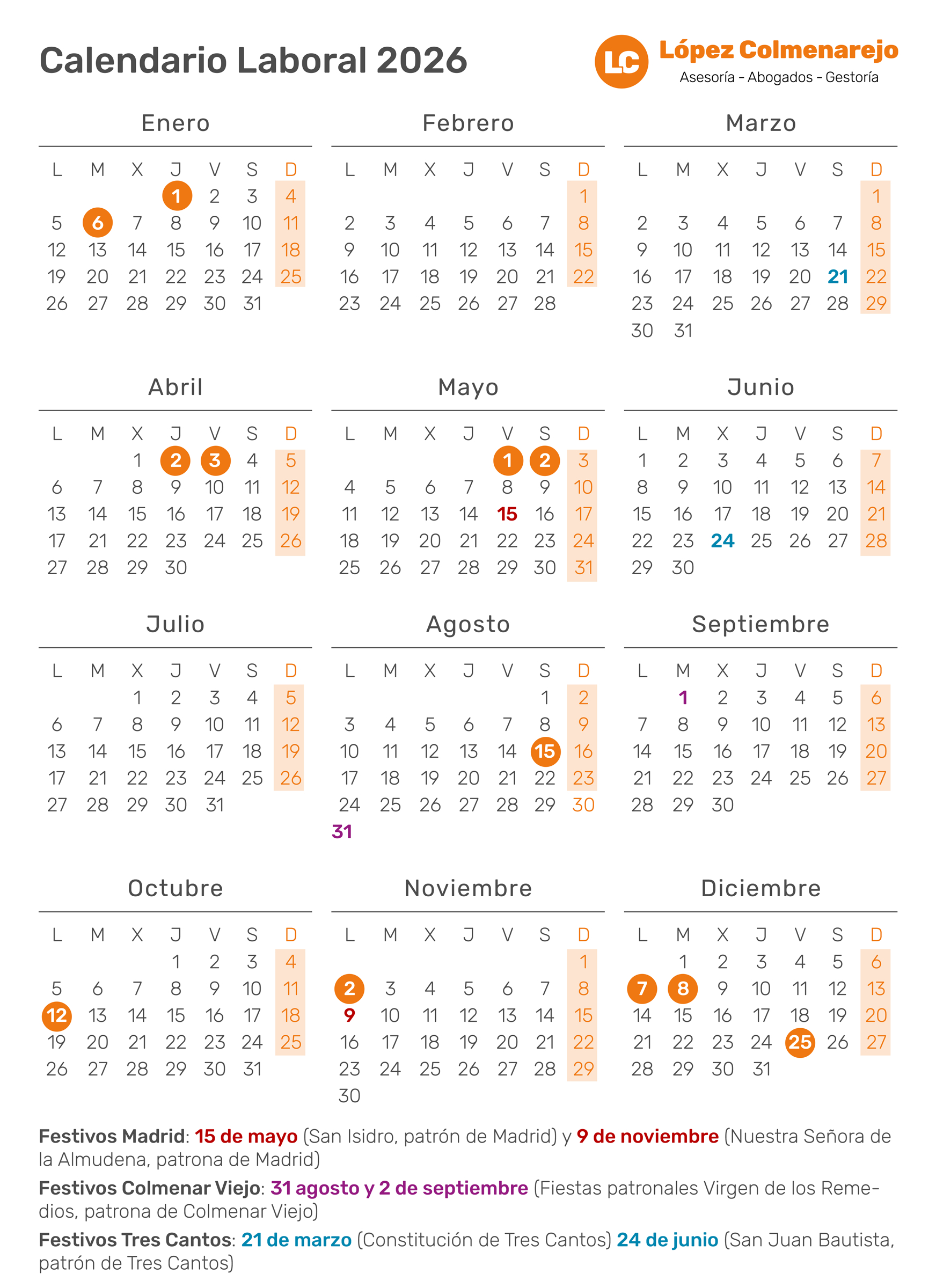Calendario Laboral 2026 En Madrid: Festivos Y Días Locales - López | Festivos Madrid 2026 Calendario Laboral