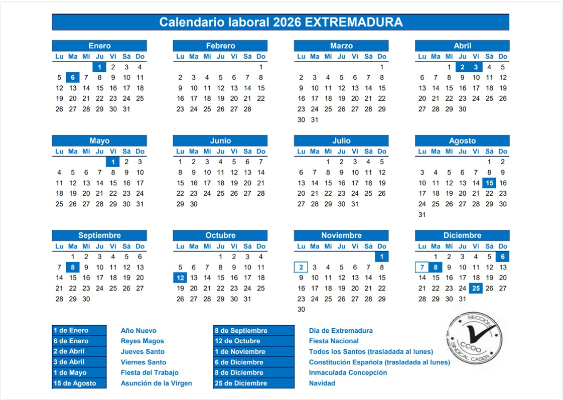 Calendario Laboral 2026 Extremadura | Calendario Laboral 2026 Extremadura