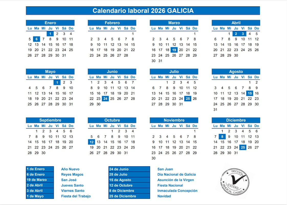 Calendario Laboral 2026 Galicia | Calendario 2026 Festivos Galicia