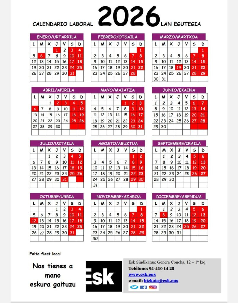 Calendario Laboral 2026 – Limpieza Vial Bilbao | Calendario Laboral 2026 Bilbao