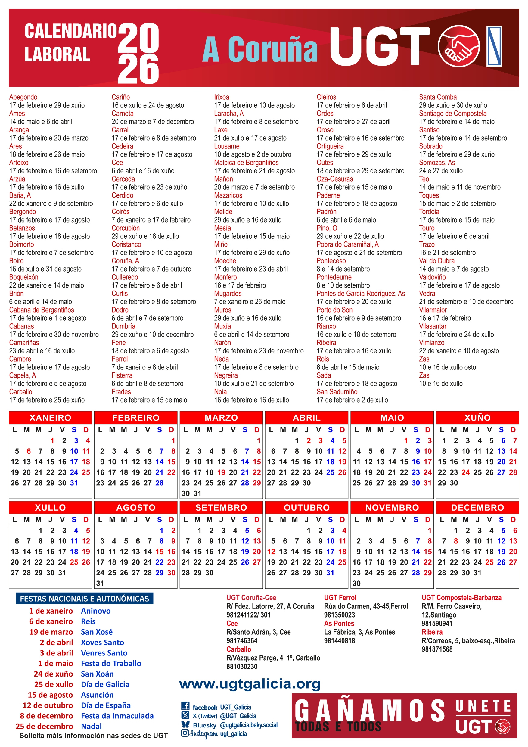 Calendario Laboral 2026 | Ugt-Coruña | Calendario Laboral 2026 Coruña