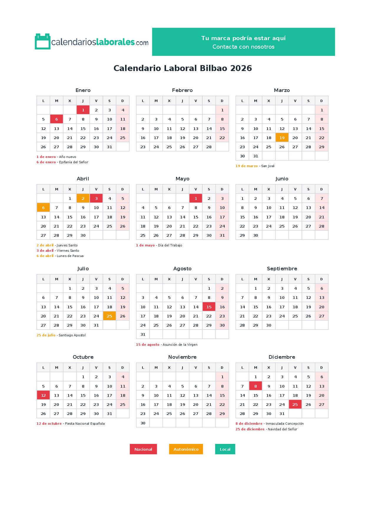 Calendario Laboral Bilbao 2026 | Calendari Laboral Vic 2026
