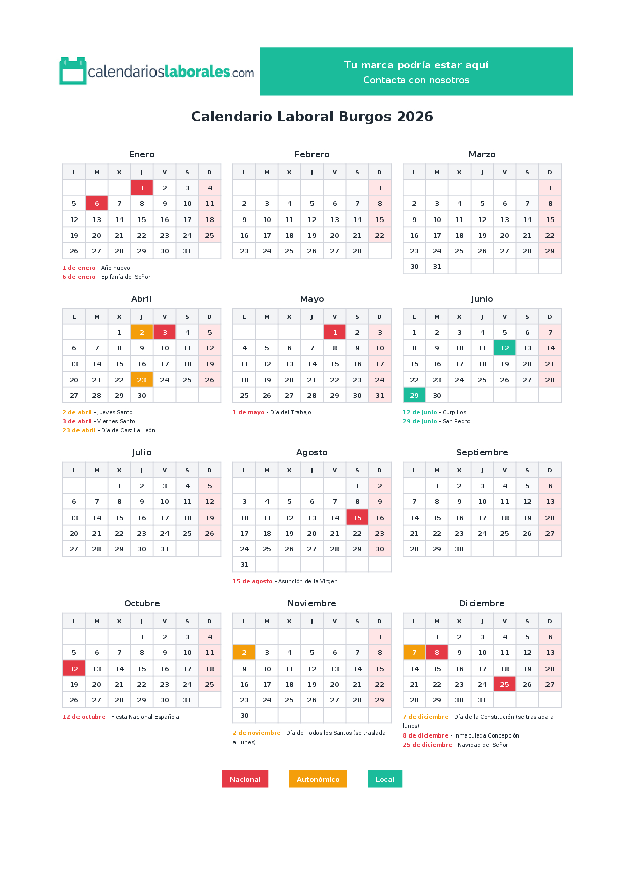 Calendario Laboral Burgos 2026 Con Festivos Oficiales | Calendario Laboral 2026 Burgos