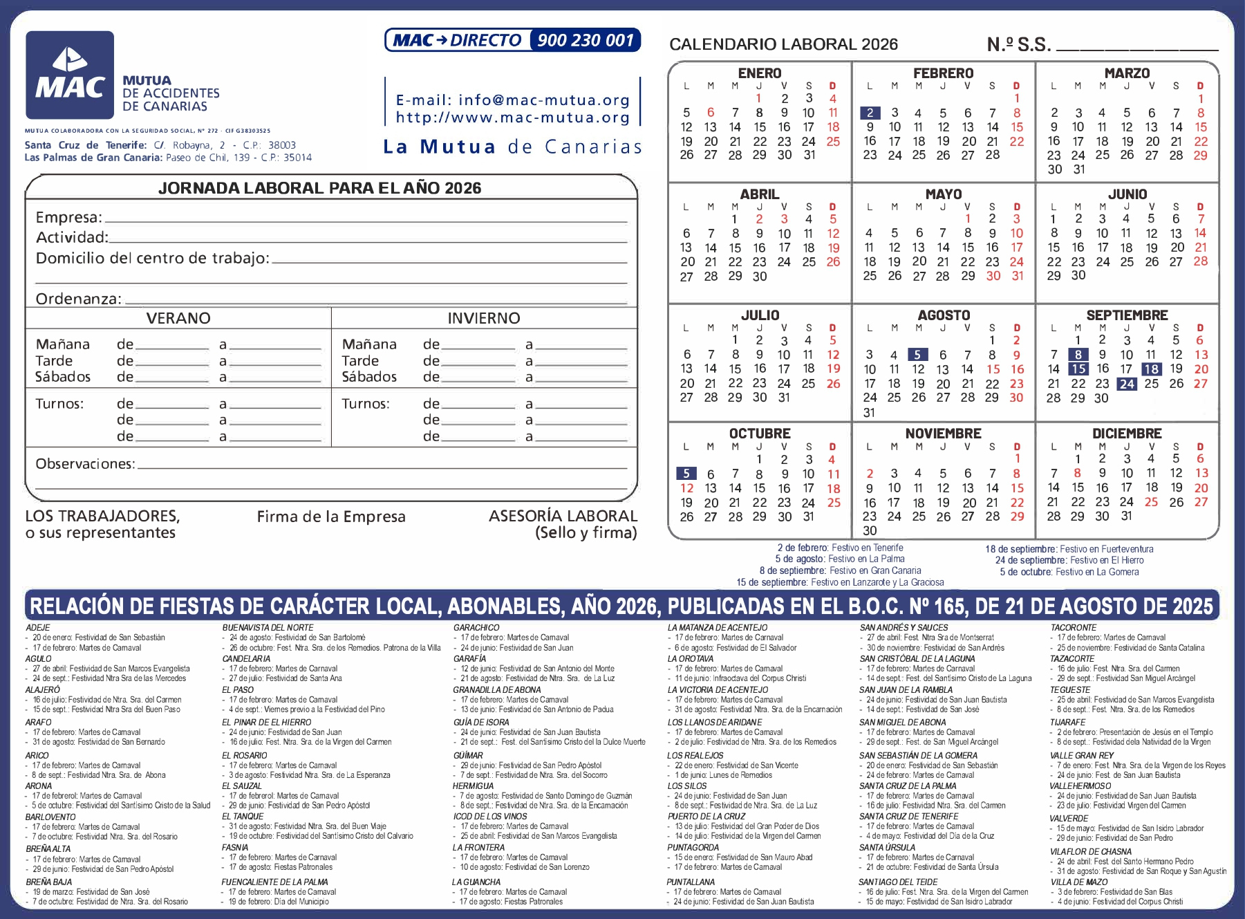 Calendario Laboral Canarias 2026 - Tengo Asesor | Calendario Laboral 2026 Santa Cruz De Tenerife