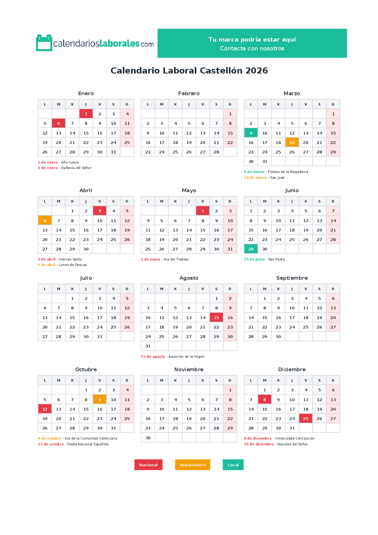 Calendario Laboral Castellón 2026 Con Festivos Oficiales | Calendario Laboral 2026 Castellón