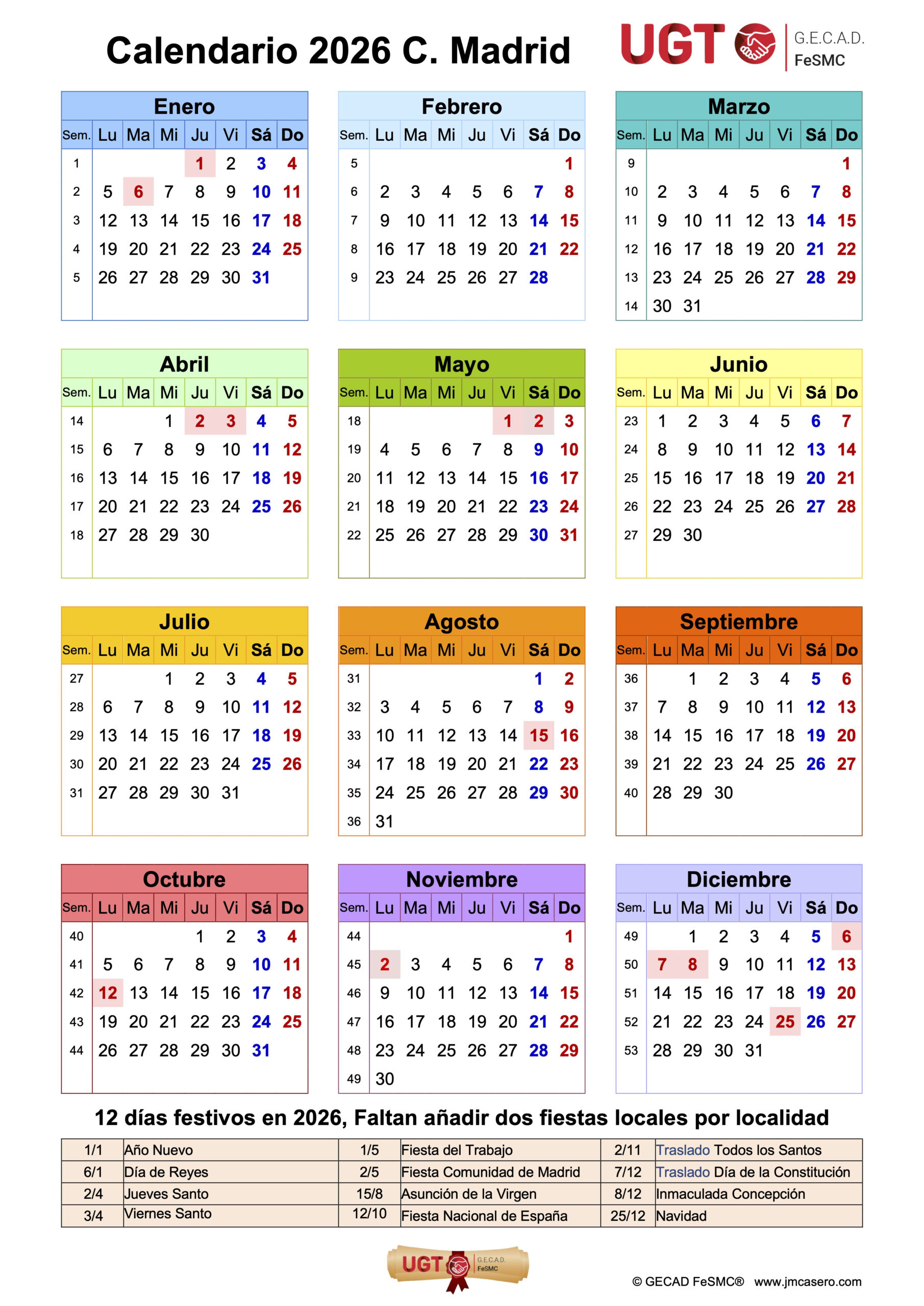 Calendario Laboral Comunidad De Madrid 2026 | Gecad | Calendario 2026 Comunidad De Madrid
