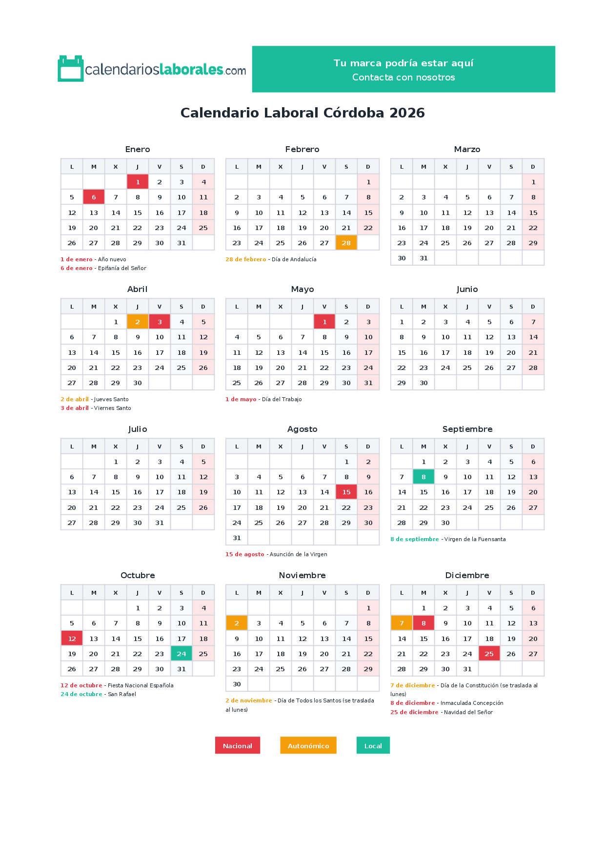 Calendario Laboral Córdoba 2026 Con Festivos Oficiales | Calendario Laboral 2026 Córdoba