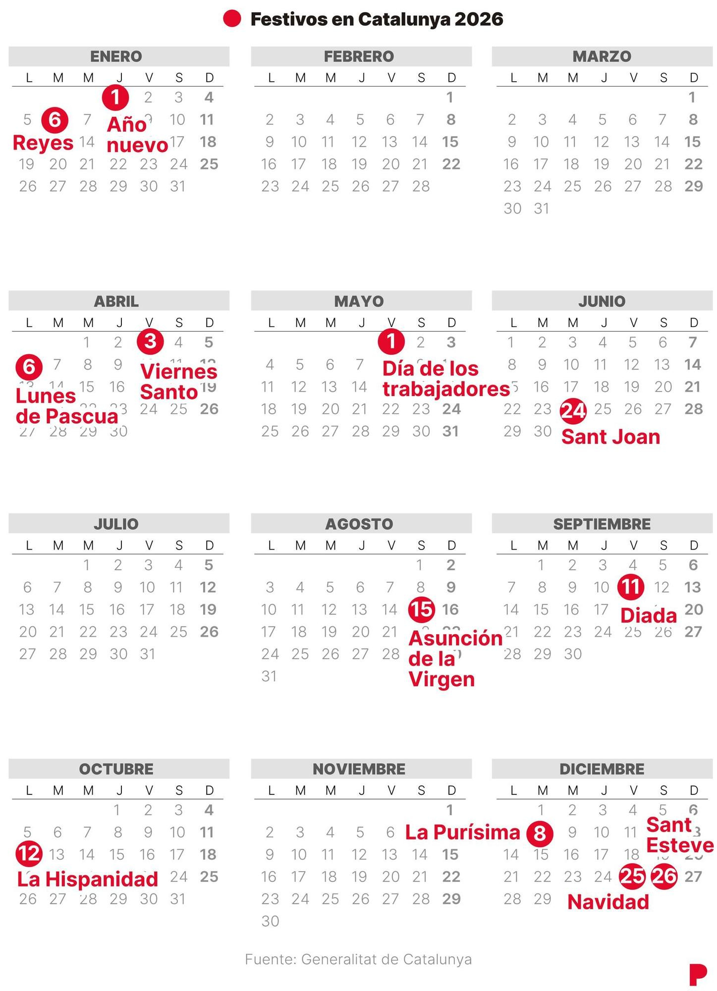 Calendario Laboral De Cataluña 2026 (Con Todos Los Festivos) | Calendario 2026 Laboral Barcelona