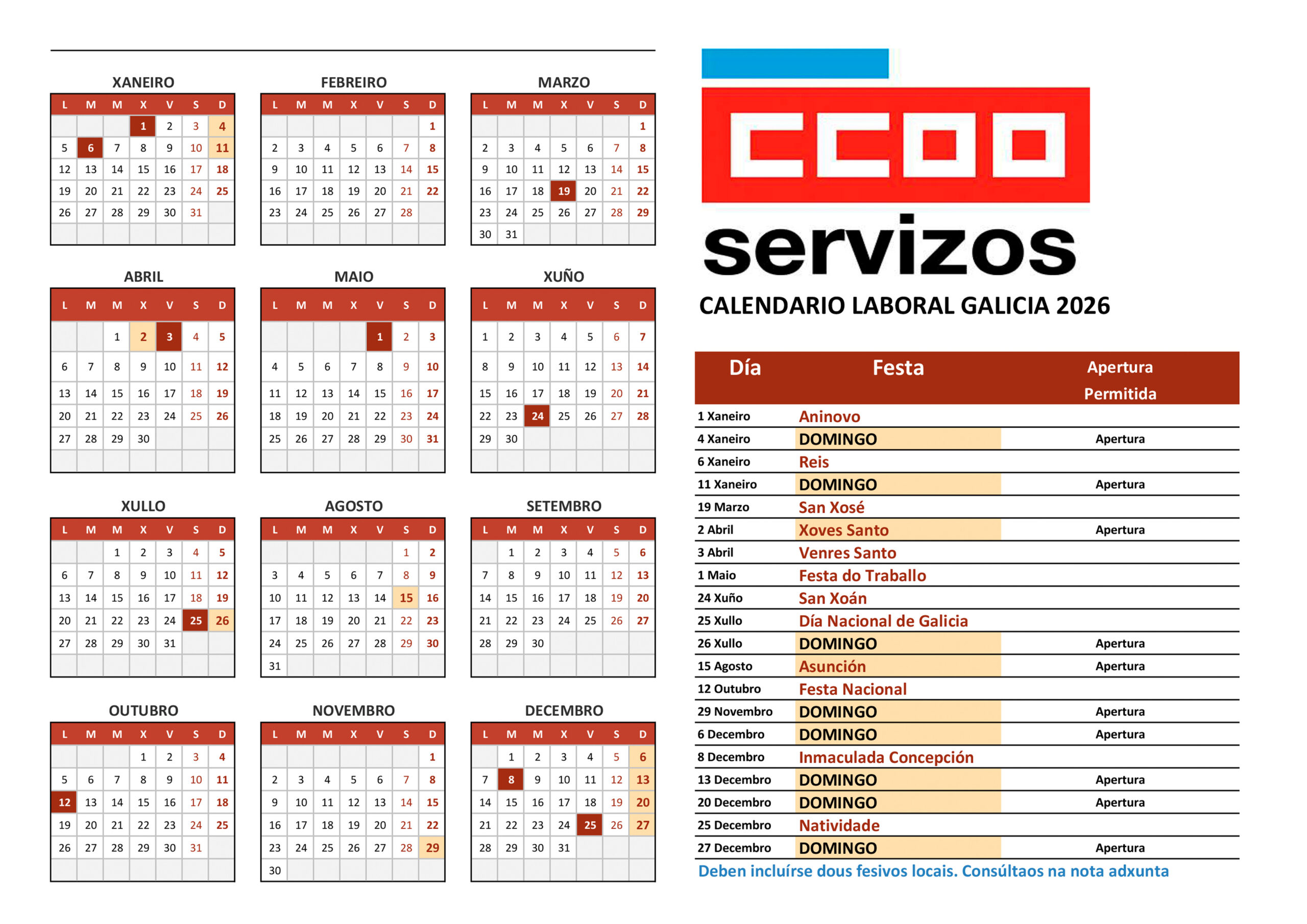 Calendario Laboral De Galicia 2026 | Calendario Laboral 2026 Santiago de Compostela