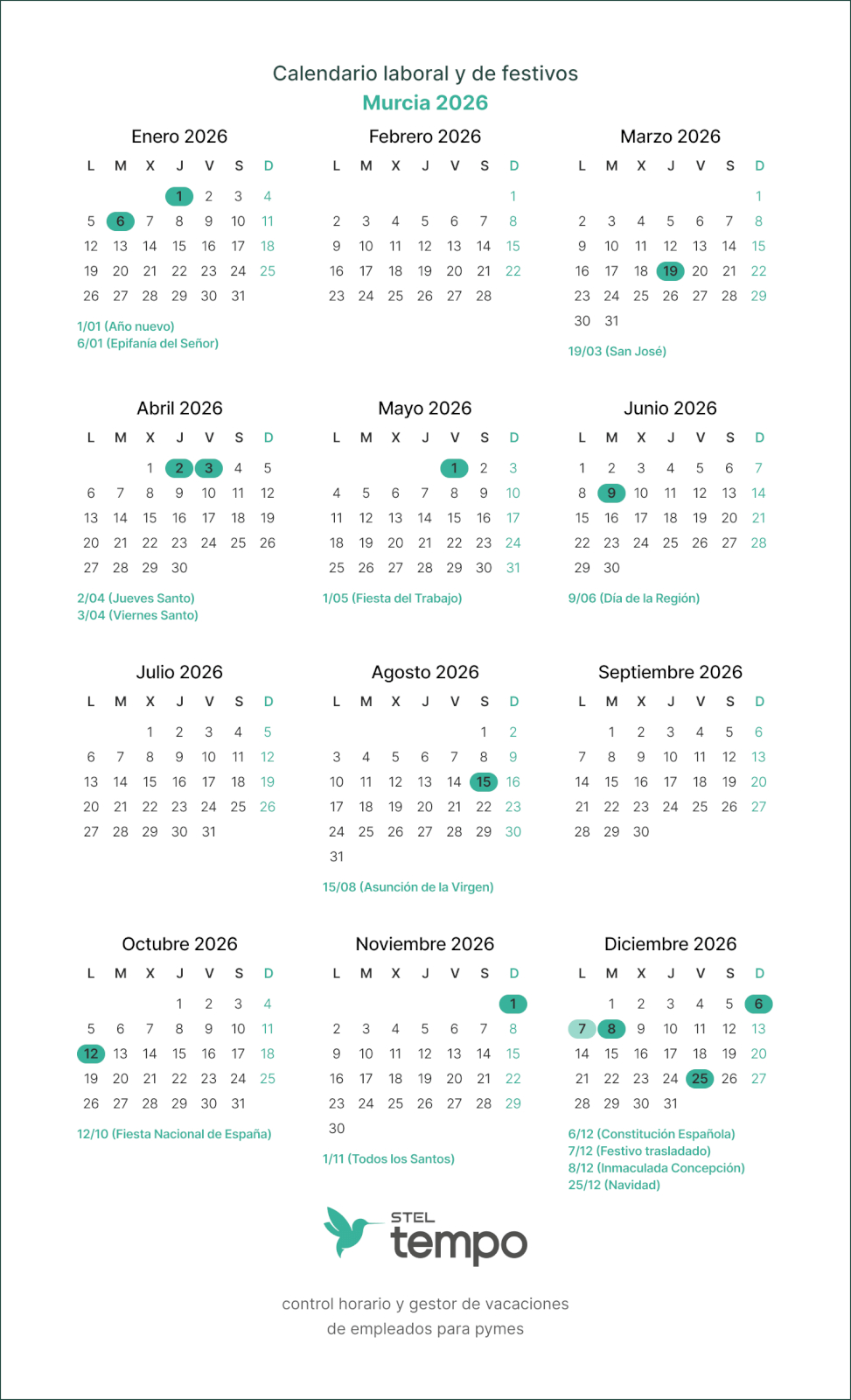 Calendario Laboral De Murcia Para 2026: Festivos, Puentes Y Días | Calendario Laboral 2026 Murcia