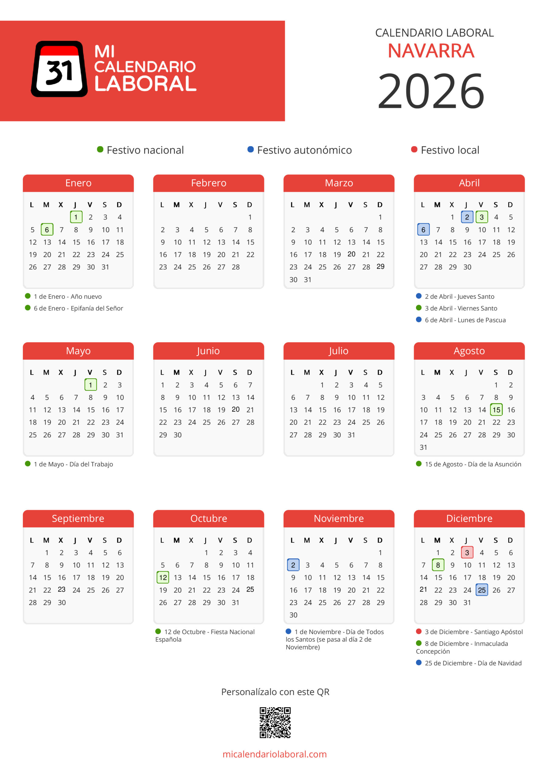 Calendario Laboral De Navarra 2026 | Calendario Laboral 2026 Navarra