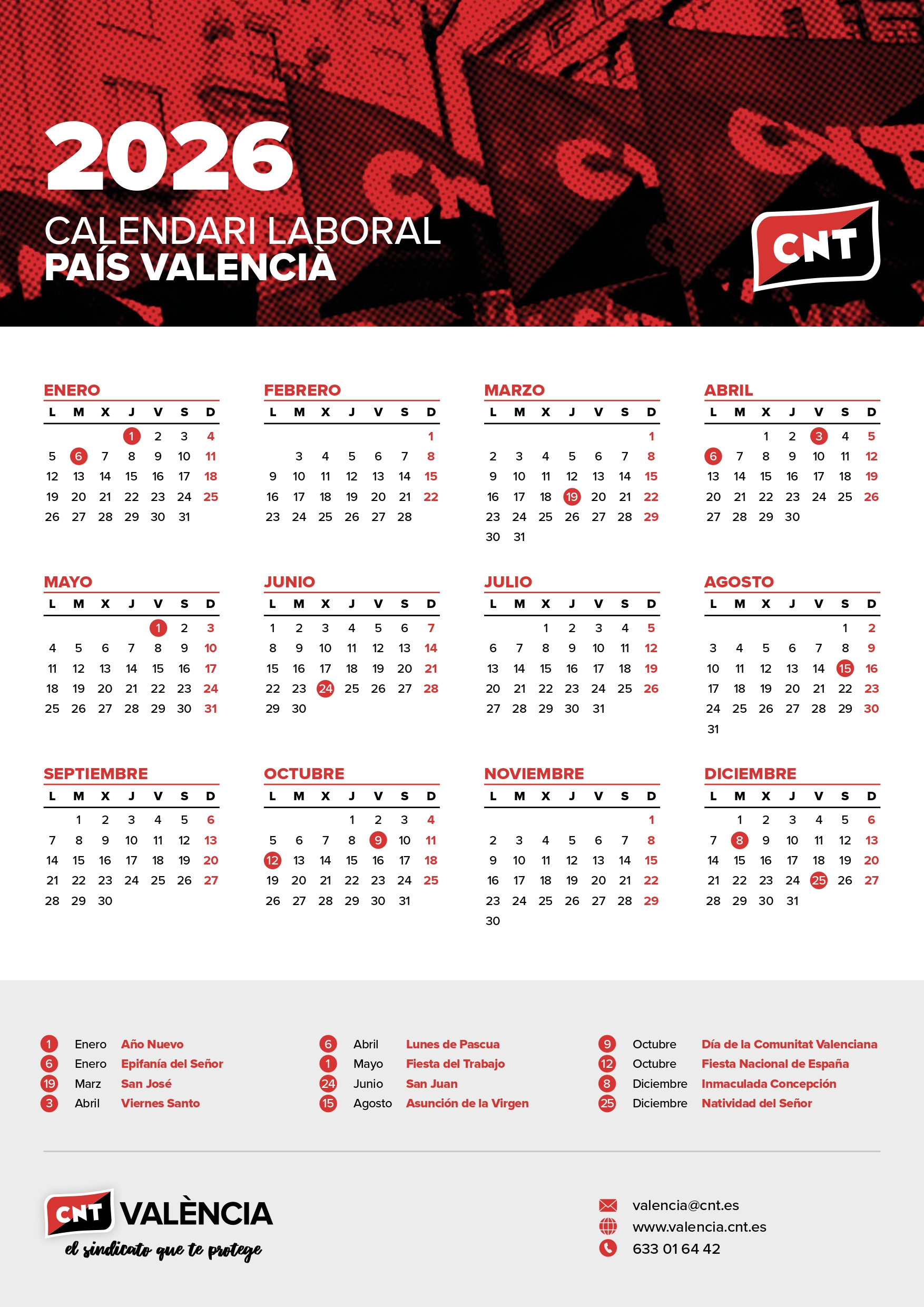 Calendario Laboral Del País Valencià 2026 - Cnt Valencia | Calendario Laboral 2026 Valencia