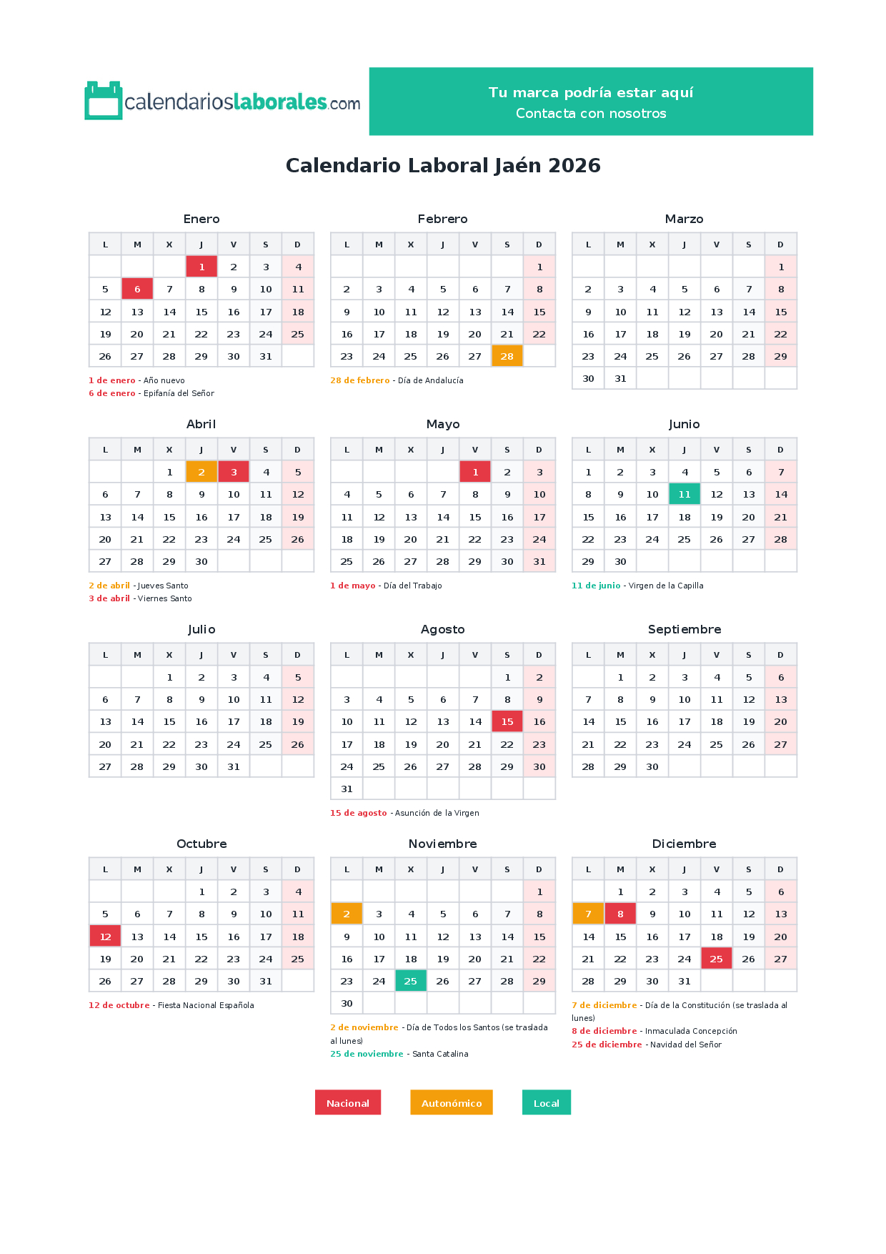 Calendario Laboral Jaén 2026 Con Festivos Oficiales | Calendario Laboral 2026 Jaén