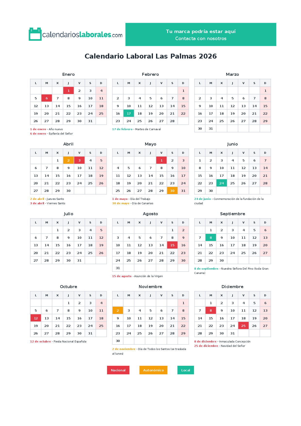 Calendario Laboral Las Palmas 2026 Con Festivos Oficiales | Calendario Laboral 2026 Las Palmas