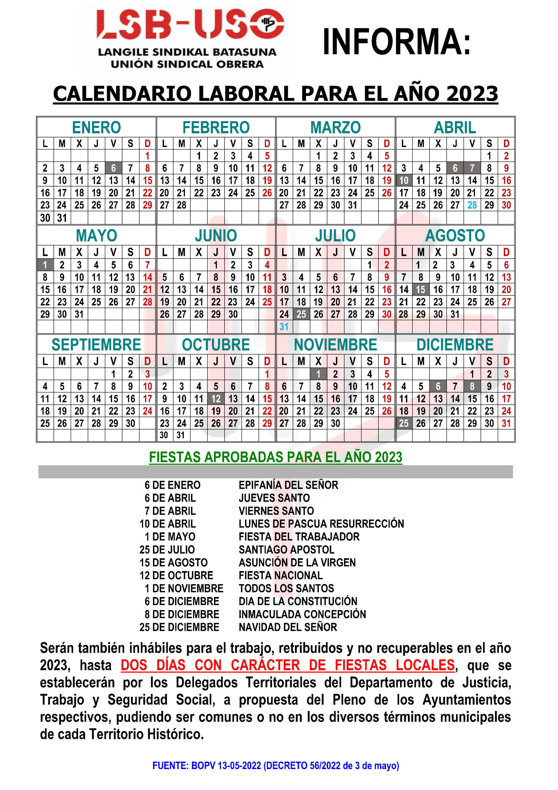 Calendario Laboral - Lsb-Uso | Botha Calendario Laboral 2026