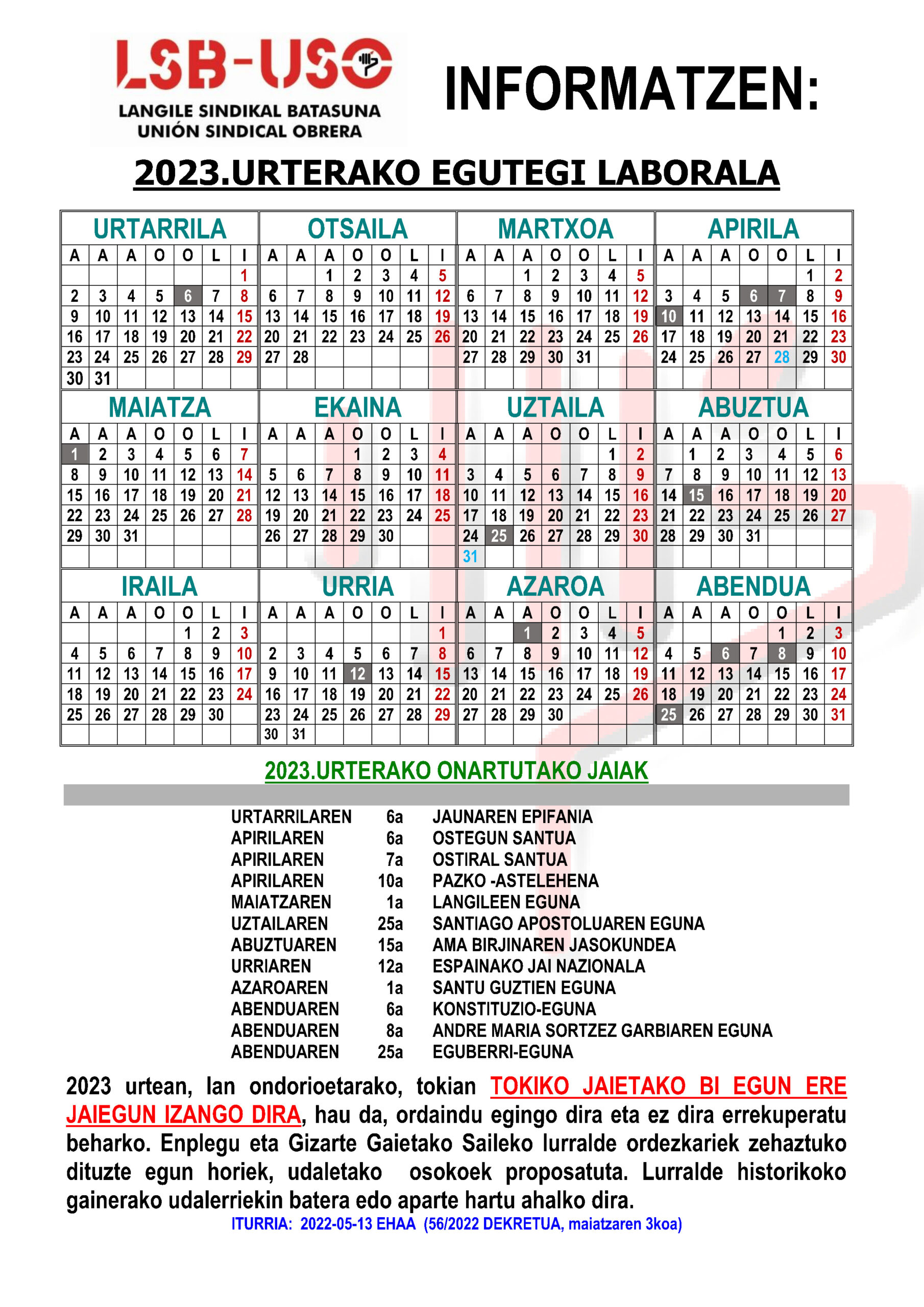 Calendario Laboral - Lsb-Uso | Calendario Construcción Bizkaia 2026