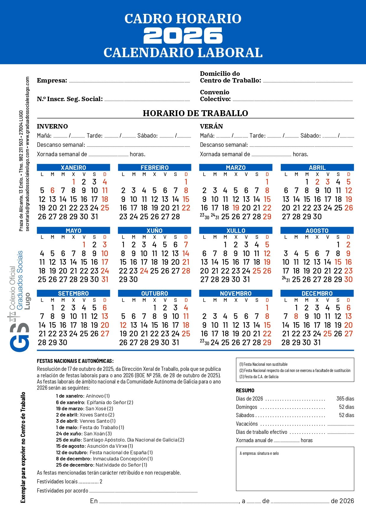 Calendario Laboral Lugo 2026 - G. Sociales — Colexio | Calendario Laboral 2026 Lugo