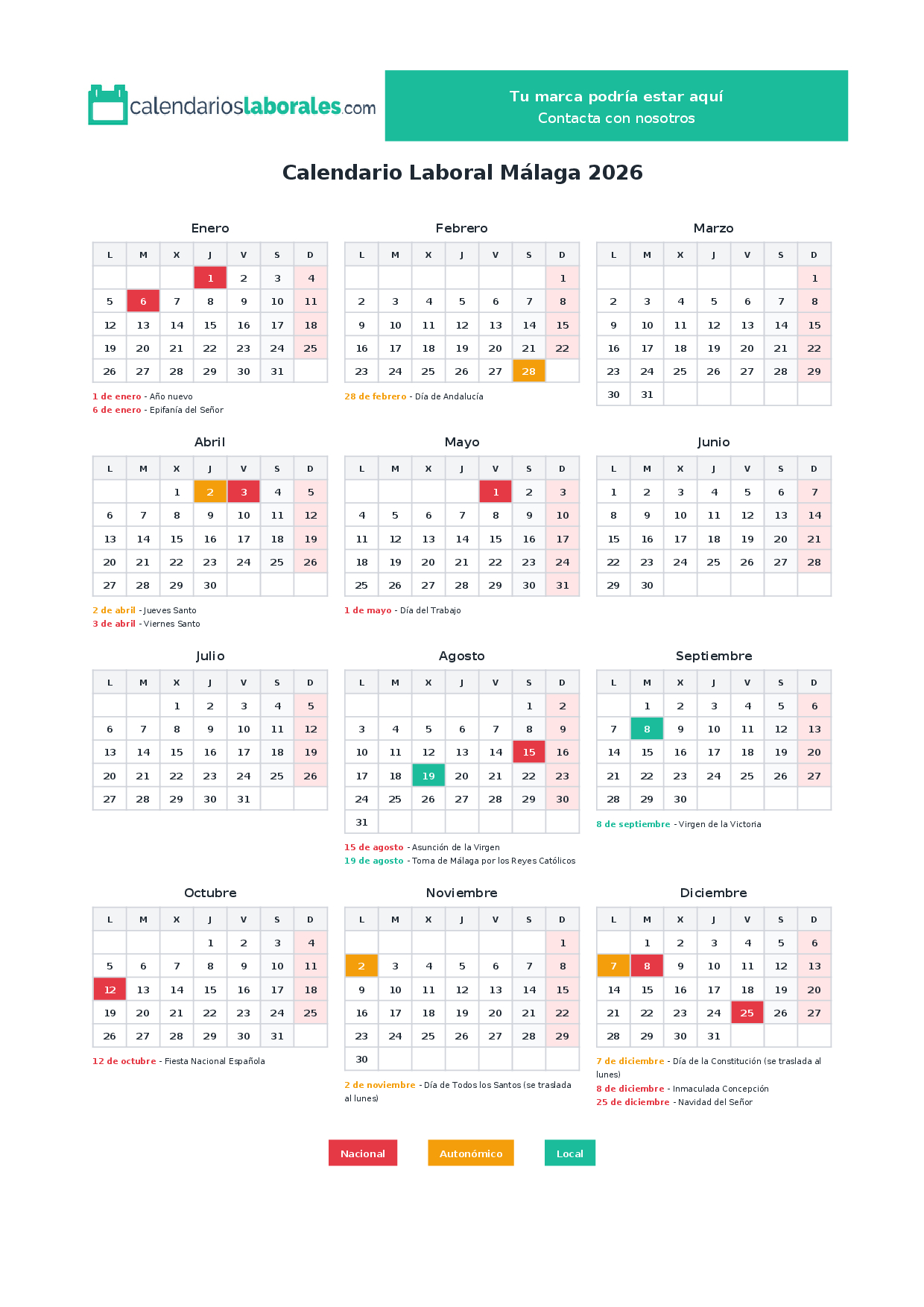 Calendario Laboral Málaga 2026 Con Festivos Oficiales | Calendario Laboral 2026 Málaga