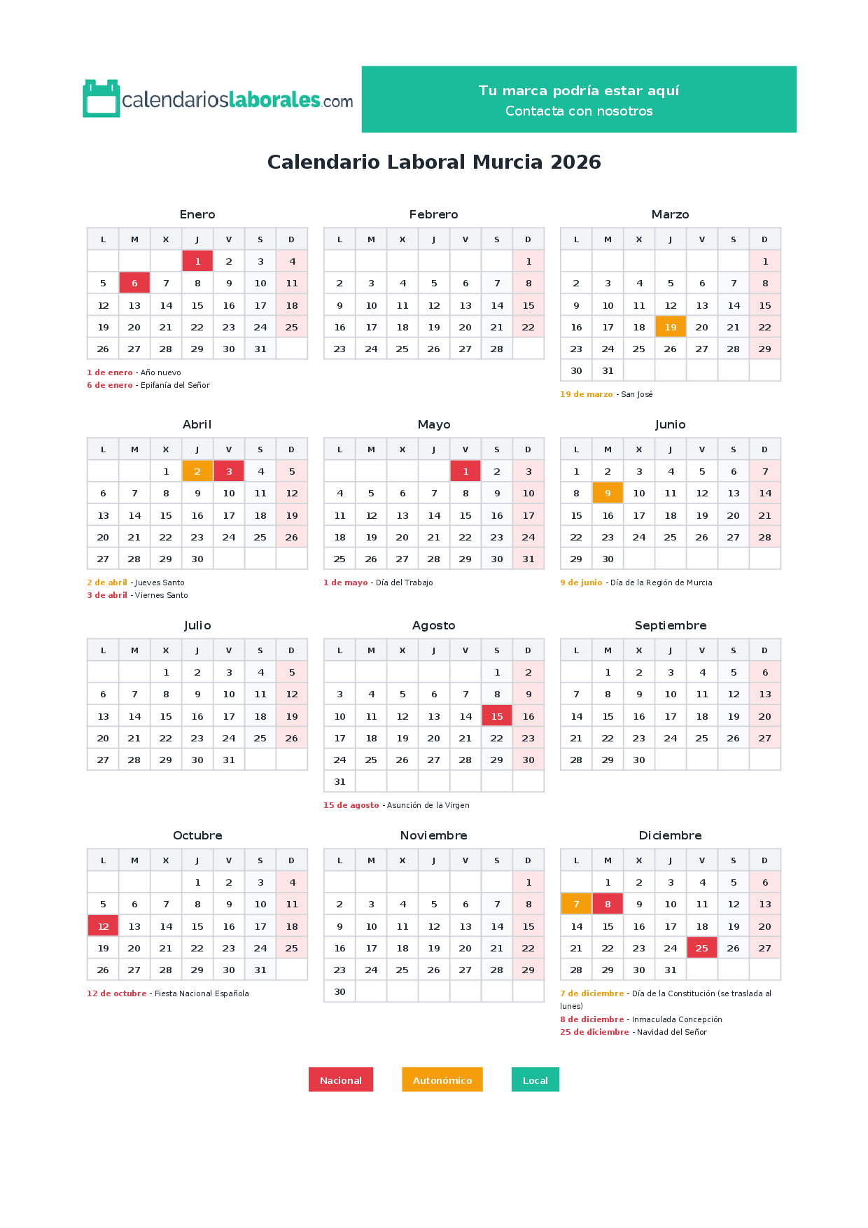 Calendario Laboral Murcia 2026 Con Festivos Oficiales | Calendario Laboral 2026 Murcia