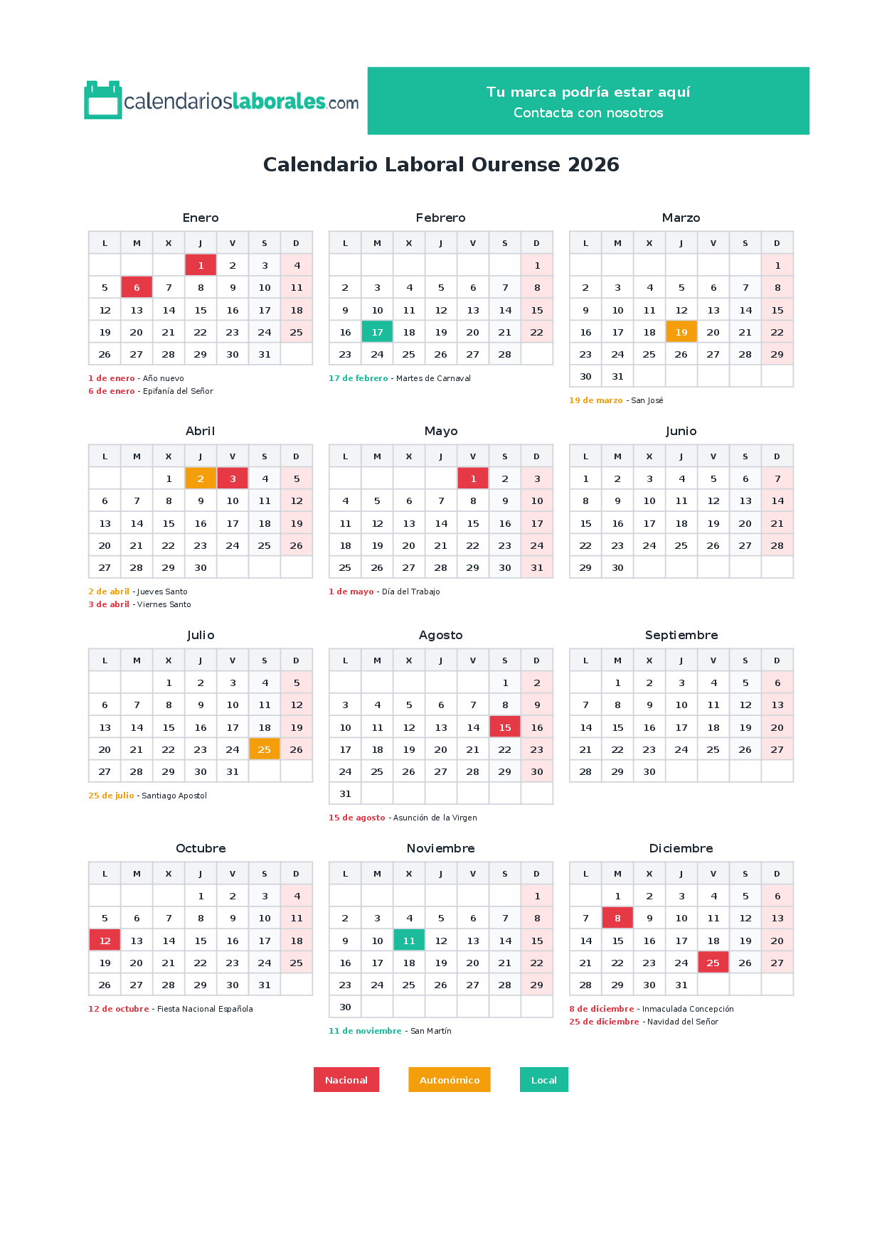 Calendario Laboral Ourense 2026 Con Festivos Oficiales | Calendario Laboral 2026 Ourense