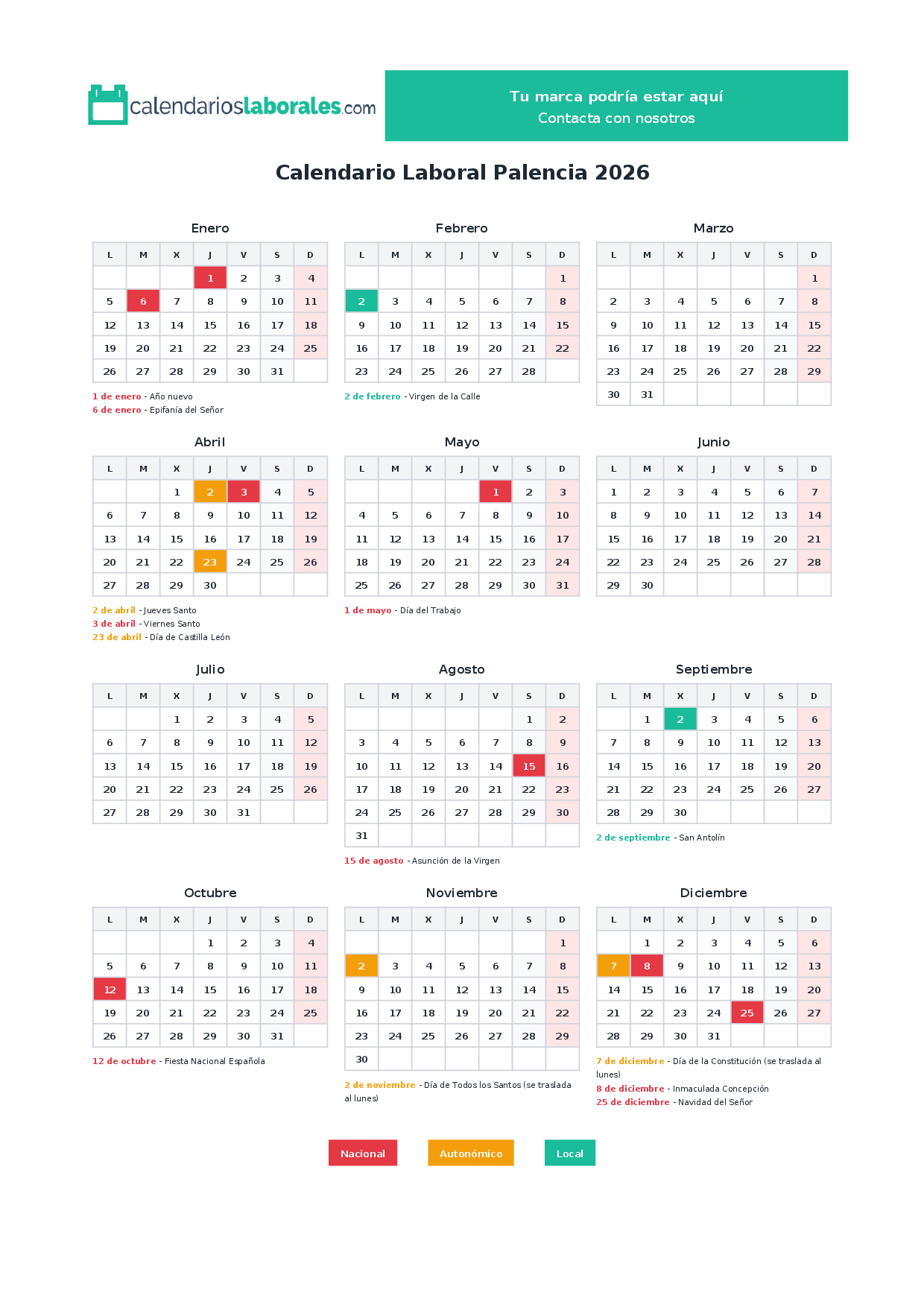 Calendario Laboral Palencia 2026 Con Festivos Oficiales | Calendario Laboral 2026 Palencia
