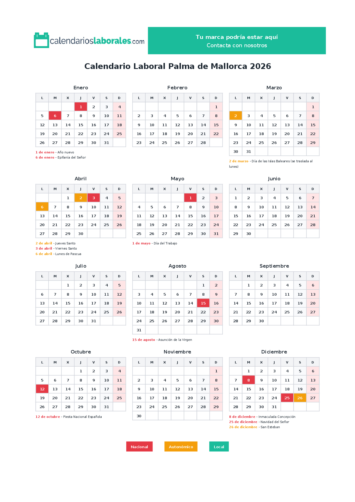 Calendario Laboral Palma De Mallorca 2026 | Calendario Laboral 2026 Palma De Mallorca