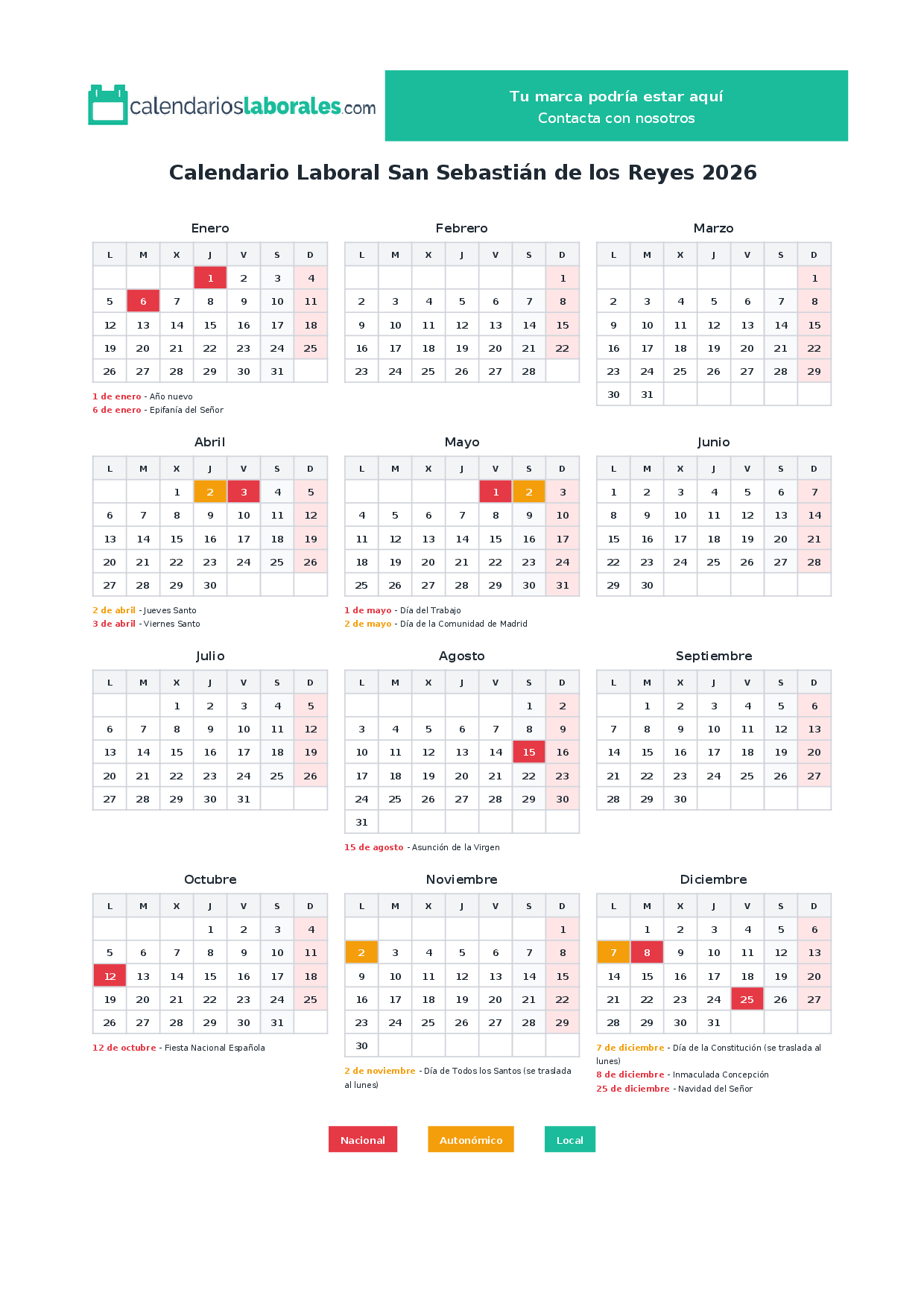 Calendario Laboral San Sebastián De Los Reyes 2026 | Calendario Laboral 2026 San Sebastián