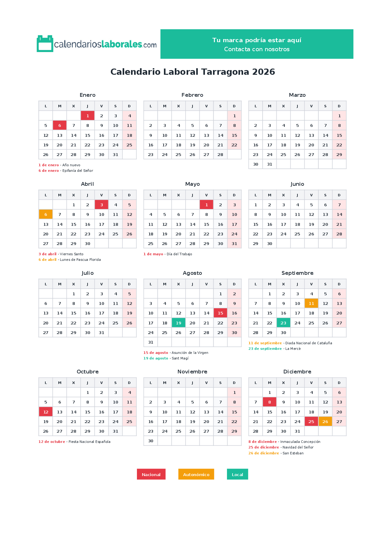 Calendario Laboral Tarragona 2026 Con Festivos Oficiales | Calendario Laboral 2026 Tarragona