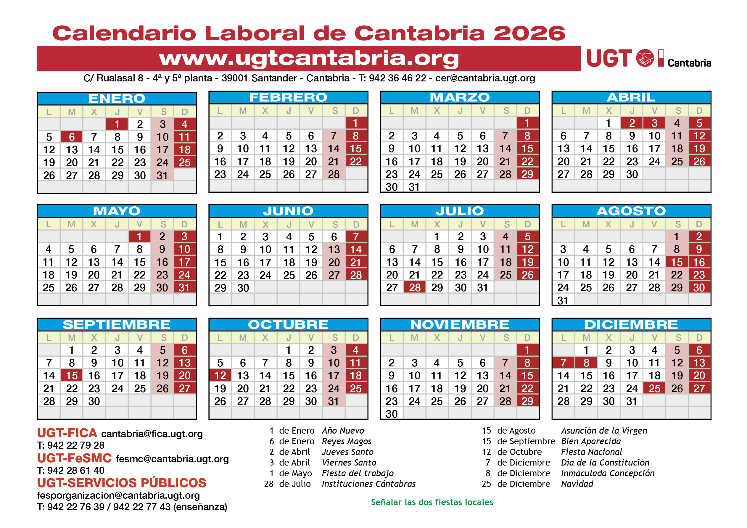 Calendario Laboral | Ugt | Calendario Laboral 2026 Cantabria