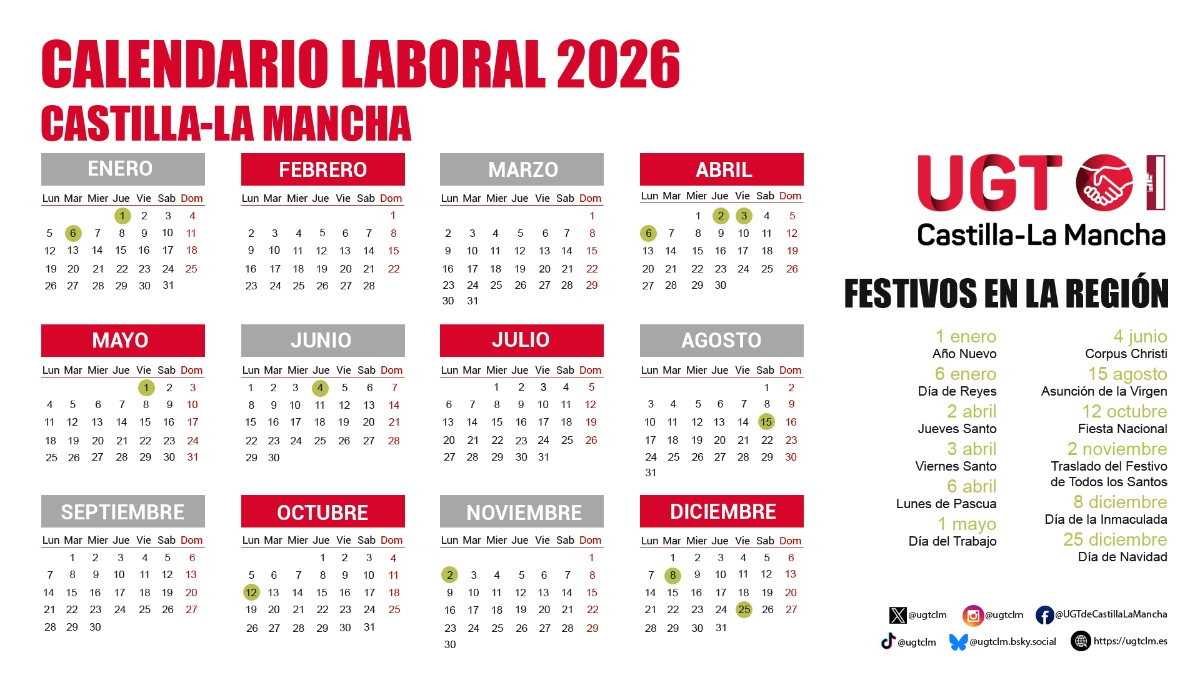 Calendario Laboral - Ugt Castilla-La Mancha | Calendario Laboral 2026 Toledo